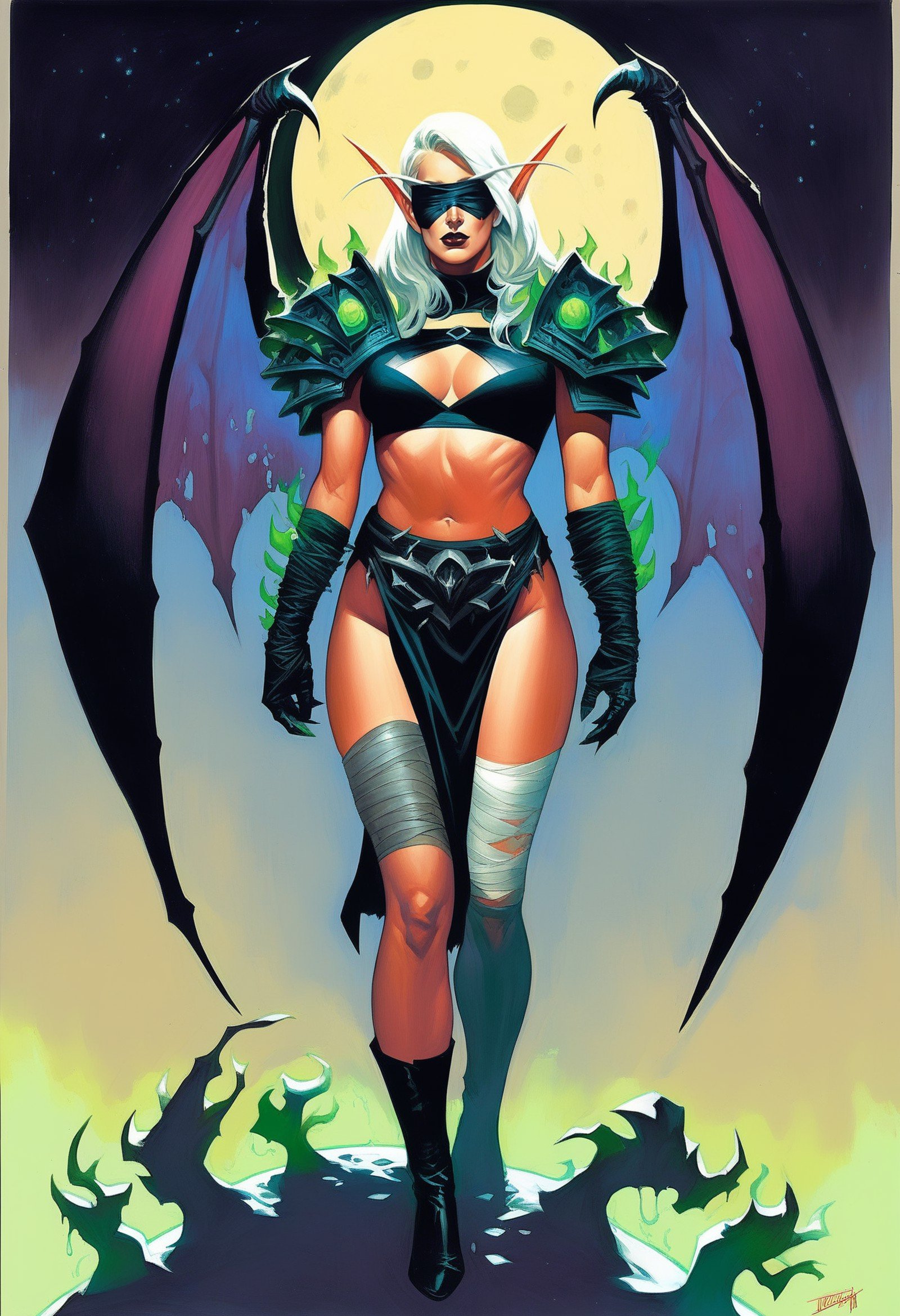 score_8_up, score_7_up, illidari demon hunter woman standing on cliff holding single glowing skull, eyes glowing through blindfold, white hair, green glowing tattoo, bandages, black crop top, demon wings, pointy ears, horns, spiked ornate shoulder pads, black pelvic curtain, thighhighs, night, moon, reflective water, dynamic pose, warcraft, retro artstyle, alex ross style