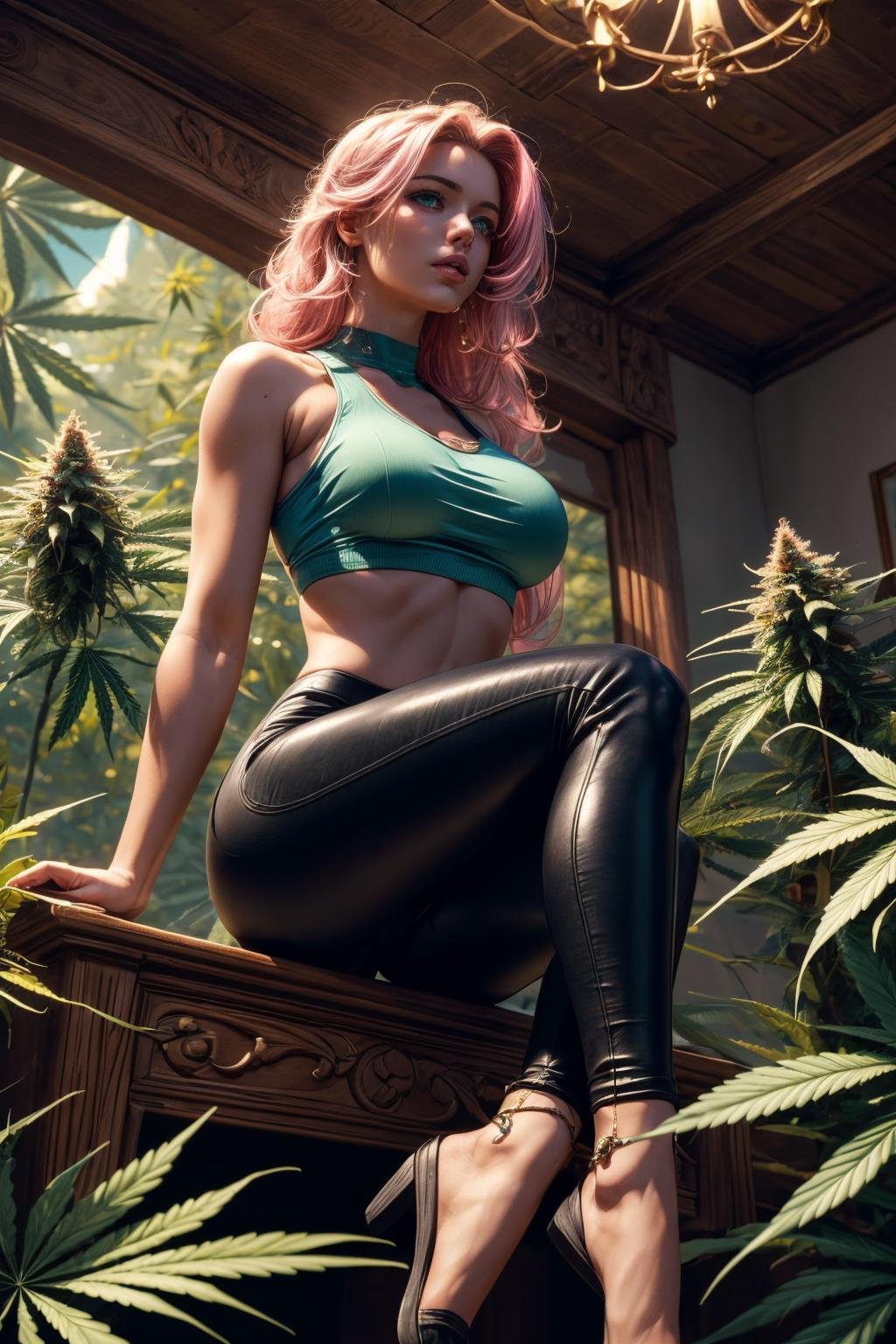 (ultra realistic,32k, masterpiece:1.2),(high detailed skin:1.1),( 8k uhd, dslr, high quality:1.1), 1girl,pink hair, long hair,(aqua eyes:0.9),<lora:marijuana-style-darquelilly-v1:0.7>marijuanastyle, green <lora:acSTP:0.5>woman wearing acSTP skintight pants, tank top, leggings,STP leather,,, , <lora:add_detail:0.91>, huge breast, (looking at viewer, sitting, from below:1.1),,,(radiant:1.1),celestial cathedral, celestial architecture, angelic choruses, divine worship 