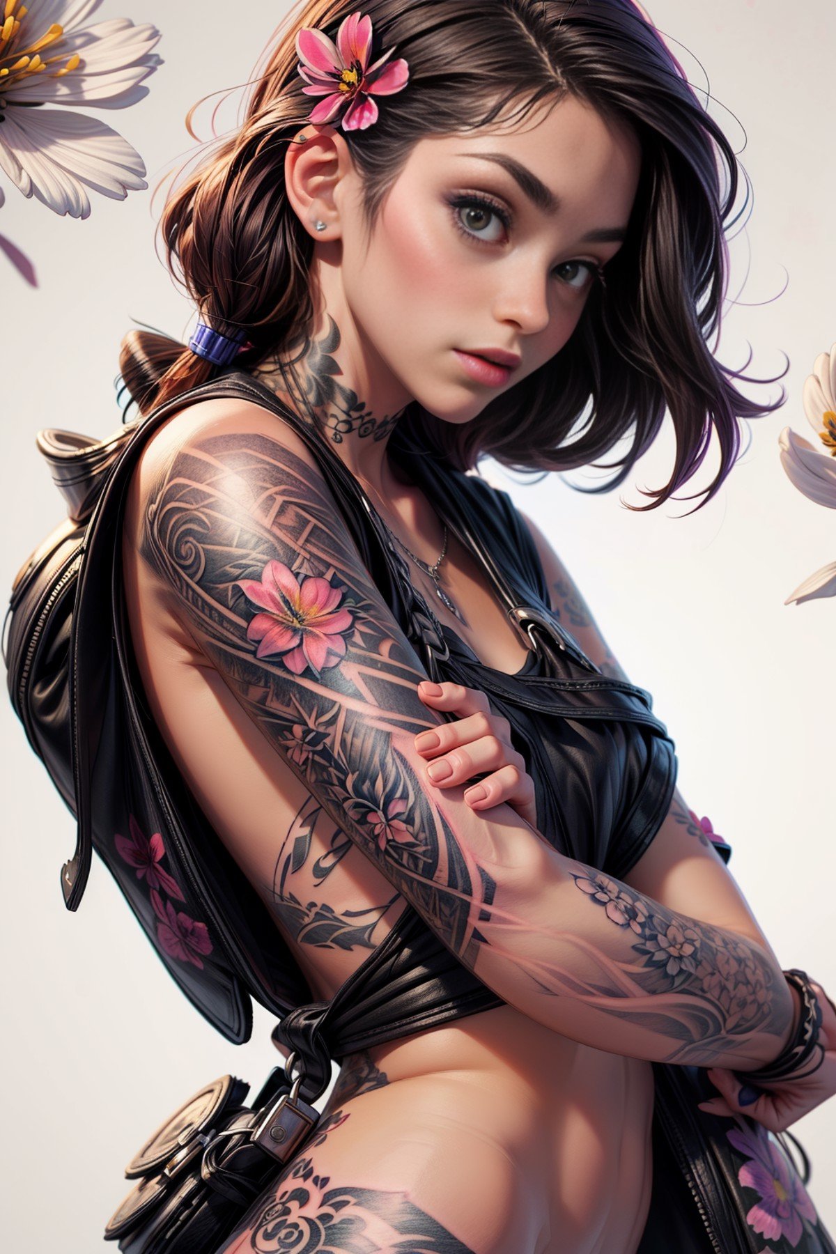 <lora:TattooWorld:1> (TattooWorld:0.9)   masterpiece, best quality,shch,(1woman:1.4) (school clothes :1.3) ,solo,beautiful,attractive,cute <lora:more_details:.6> (flowers hill:1.5) 