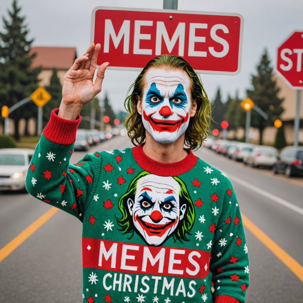 Photo joker in ugly christmas sweater with a stop sign that says "memes xl"