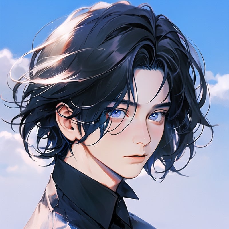 vivid22eyes,solo, black hair, portrait, parted lips, male focus, 1boy, short hair, simple background, shirt, lips, white shirt, black eyes, blue background, white background, eyelashes, close-up, sky, realistic, collared shirt, blue sky, looking away,<lora:vivid22eyes:0.8>,