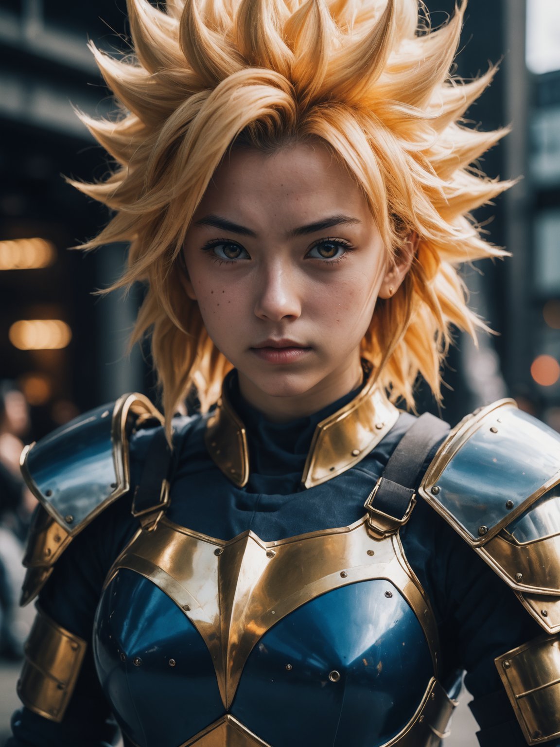 Photo of a girl,cinematic film still,super saiyan, full plate armor, ony fe 12-24mm f/2.8 gm, close up, 32k uhd, light navy and light amber, amazing quality, wallpaper, analog film grain