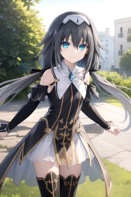 ((masterpiece)),(best quality),official art,extremely delicate and beautiful,extremely detailed CG,unity 8k wallpaper,ultra detailed,beautiful detailed eyes,extremely detailed face,outdoors,1girl,solo,cowboy shot,looking at viewer,facing viewer,smile,Nibelcole,very long hair,blue eyes,black hair,multicolored hair,low twintails,headband,white hairband,hair ribbon,black ribbon,hair bow,sidelocks,hair between eyes,bangs,aqua eyes,glowing eyes,bare shoulders,collarbone,black dress,sleeveless dress,black ribbon,small breasts,detached sleeves,long sleeves,white skirt,see-through,zettai ryouiki,black thighhighs,thigh boots,cross-laced footwear,black footwear,<lora:Nibelcole(dal)>,<lora:TSNeptunia-000045:0.5>,