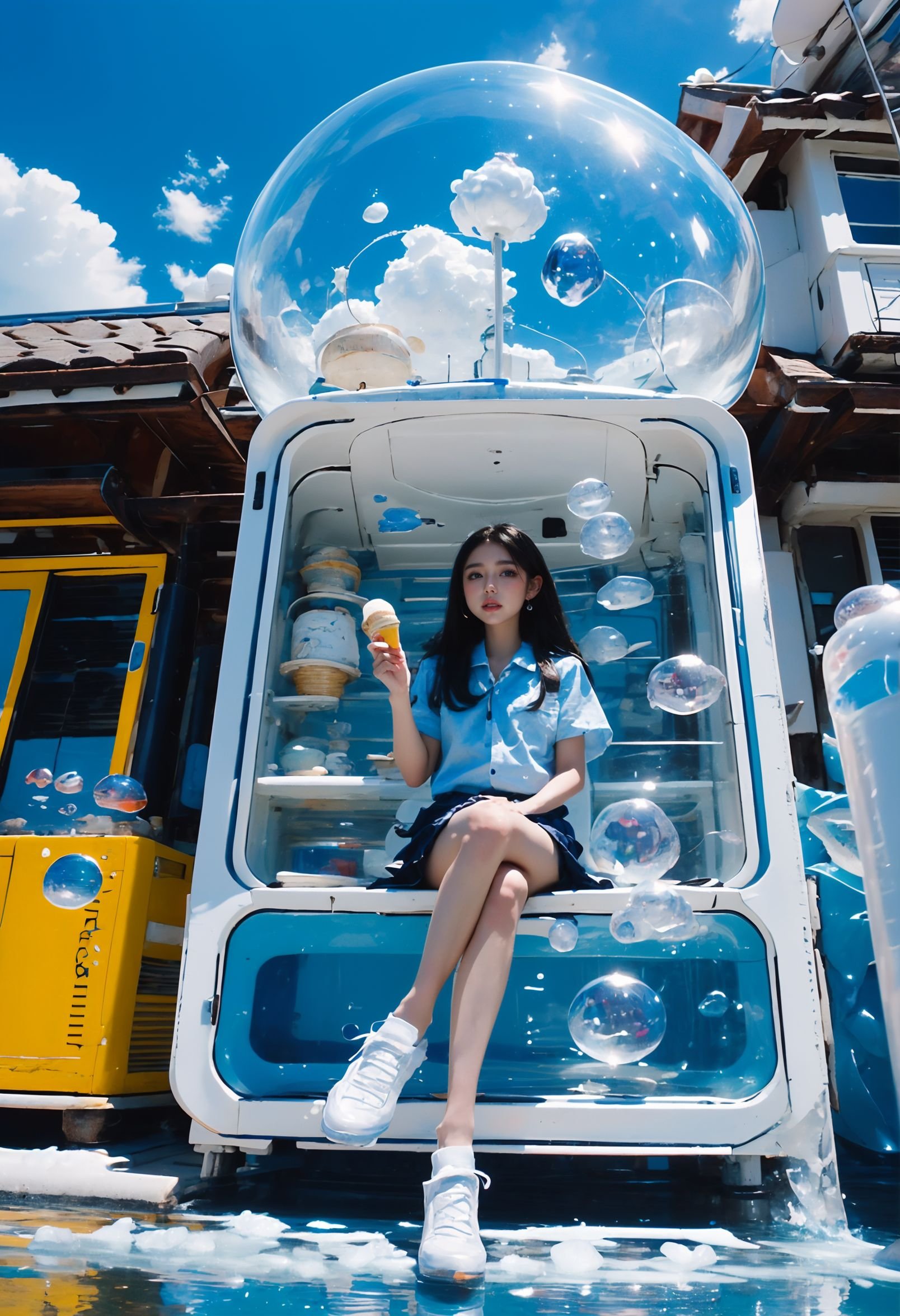 (best quality,official art,beautiful and aesthetic:1.2),(fractal art:1.2),offcial art,colorful,Colorful background,splash of color,movie perspective,advertising style,magazine cover,xuer popsicle,1girl,solo,long hair,skirt,shirt,black hair,holding,sitting,school uniform,white shirt,short sleeves,pleated skirt,outdoors,food,sky,shoes,day,collared shirt,cloud,black skirt,medium hair,water,blue sky,blue skirt,bare legs,ocean,sandals,white footwear,holding food,scenery,bubble,blue theme,water drop,ice cream,(air bubble:1.3),summer,whale,<lora:绪儿-雪糕 xuer popsicle:0.8>,