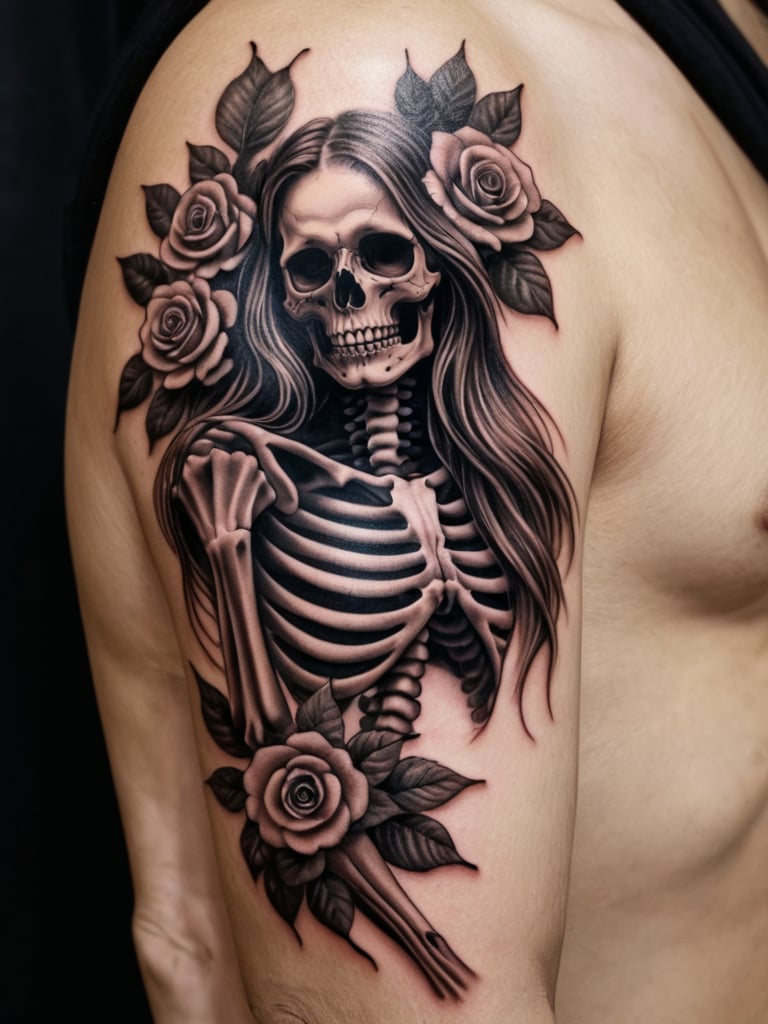 tattoo, tattoo style, (monochrome:1.5) The skeleton has long flowing hair, with intricate shading and highlights giving it a lifelike appearance. Surrounding the skeleton are roses and leaves, adding a touch of beauty to the image. This is a finely detailed and expressive piece of artwork. <lora:SDG-Tattoo-Lora-SDXL:1>