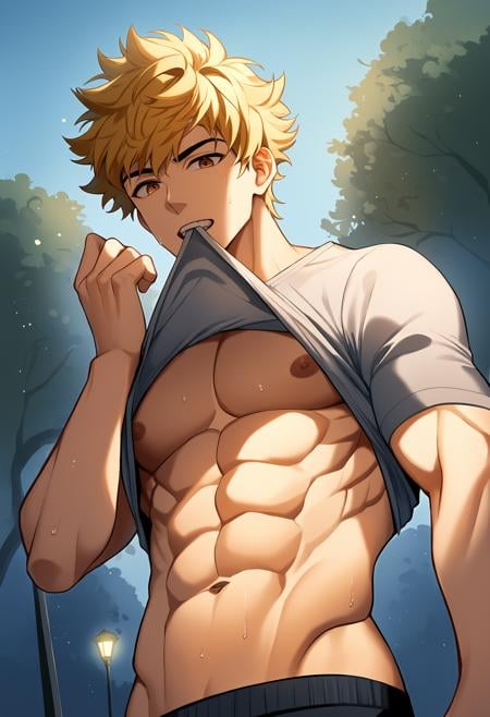 1boy, male focus, t-shirt, shirt lift, clothes lift, clothes in mouth, teeth, nipples, bare pectorals, abs, navel, sky, park, tree, lamppost, outdoors, from below, sweat, solo, looking at viewer, blonde hair, brown eyes, best quality, amazing quality, best aesthetic, absurdres, year 2023