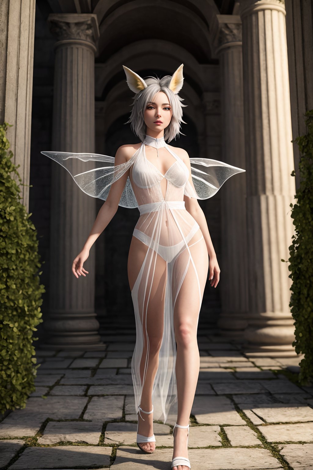 (masterpiece, best_quality, ultra-detailed, immaculate:1.3),epic,illustration,render,volumetric lighting,welcoming,gray Rhododendron faerie,fox ears,see-through gossamer,in a Roman,ancient landscape,bombshell hair,white hair,Deep Side Part,bombshell hime cut,crossed ankles,