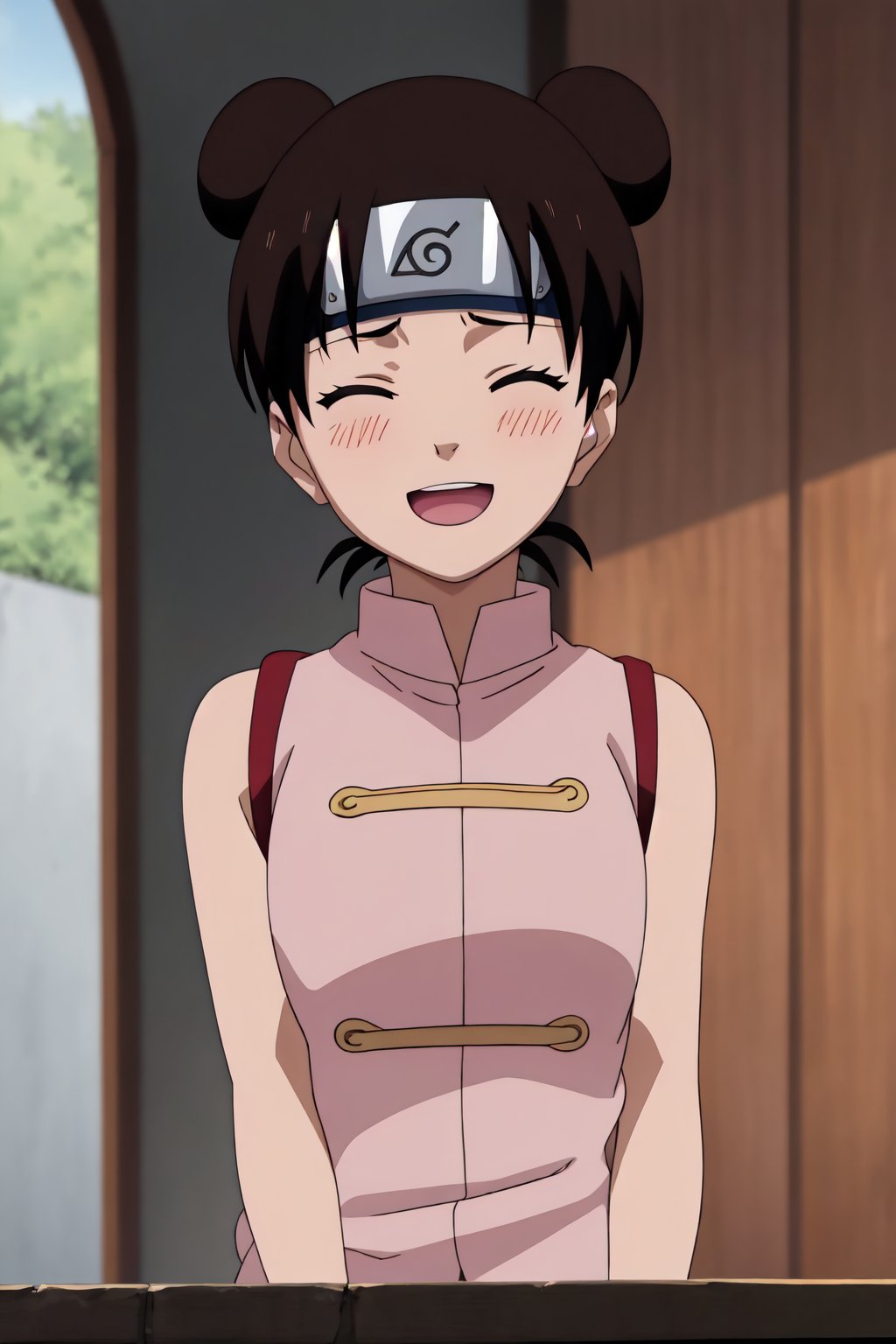 tenten, 4k, absurd, high resolution, very high resolution, high definition, masterpiece, anime_source, 2 bows, short brown hair, "pink sleeveless shirt", girl, upper body, looking_at_viewer, :d, closed eyes, blushing, embarrased<lora:EMS-383091-EMS:0.800000>