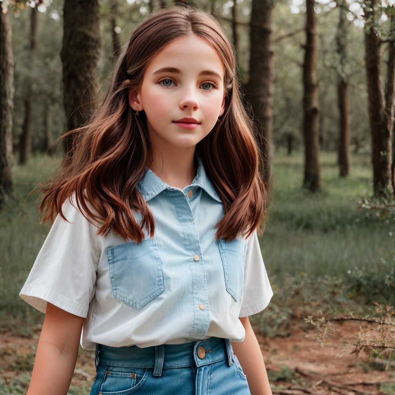 extra resolution, close up of stunning (AIDA_LoRA_arusso:1.04) <lora:AIDA_LoRA_arusso:0.72> wearing a shirt and denim skirt in the field with trees on the backgrounds, little girl, pretty face, naughty, intricate pattern, studio photo, studio photo, kkw-ph1, hdr, f1.5, (colorful:1.1)