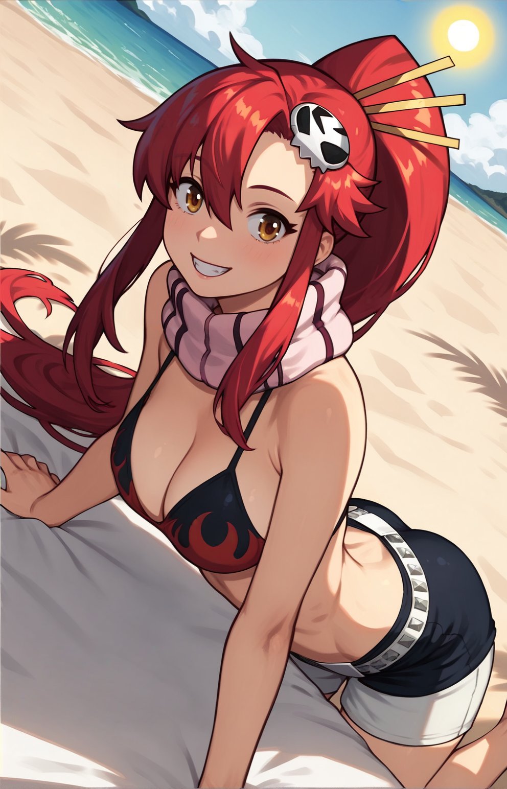 score_9, score_8_up, score_7_up, score_6_up, score_5_up, score_4_up, BREAK source_anime,1girl, clothed, yoko littner, v, in beach, sunny , sea, sand, sun, by nilsunna, looking at viewer, happy, dutch angle, curvy