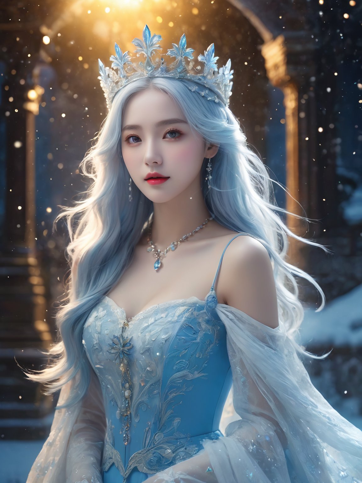 (Masterpiece:1.2),best quality,(night sky, wery long blue hair:1.2),(illustration:1.2),beautiful scenery,scared,(Masterfully crafted Glow, lens flare),(ultra-detailed),hyper details,(delicate detailed),(intricate details),(cinematic light, best quality Backlights),clear line,new world,viewer,solo female,perfect body,(1female),(Bright bioluminescent hair hair, bright glowing eyes),(Dynamic:1.3),((makeup)),high contrast,(best illumination, an extremely delicate and beautiful),((cinematic moonlight)),colourful,((Photoshop Pastel Painting:1.1)),ethereal,(Cinematic masterpiece),suspense,splashes of colour,absolutely eye-catching,((caustic)),dynamic angle,beautiful (detailed glow),(eerie),(Intricate Detailed Cinematic Scenery Behind:1.2),ambient occlusion,(ambient moonlight),ray-traced reflections,intricately detailed visible background,night snow storm,stars,very long curly white hair,ice queen,white and light blue gothic royal dress with embroidery,long embroidered stockings,crystals and pearls,big halo shaped crown,ice crystals around,snow storm,mature woman,1girl,yellow_footwear,high_heels,