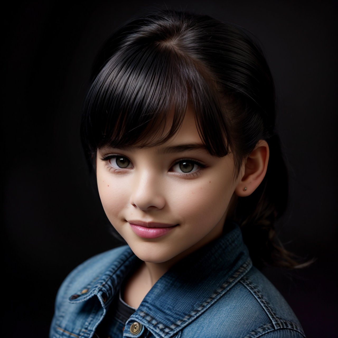 best quality, dolly short, close up of charming (AIDA_LoRA_LG2014:1.12) <lora:AIDA_LoRA_LG2014:0.72> as little girl in a denim jacket and jeans, pretty face, naughty, funny, happy, playful, intimate, flirting with camera, cinematic, studio photo, studio photo, kkw-ph1, hdr, f1.8, (colorful:1.1), (black background:1.5)
