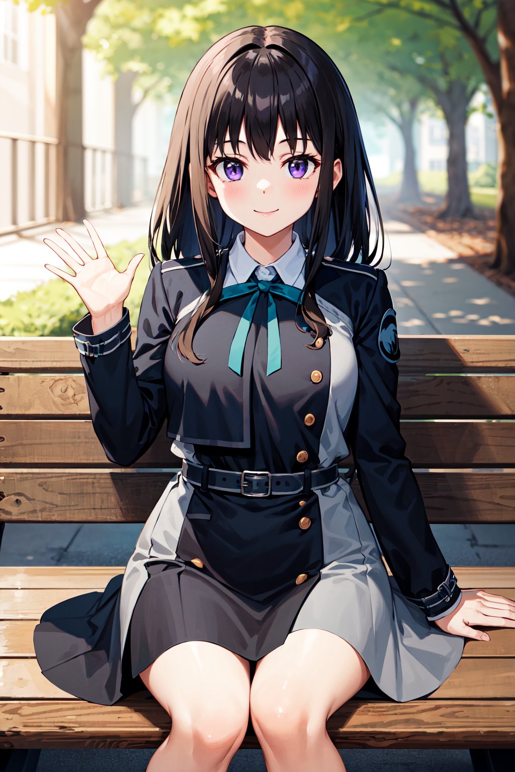 masterpiece, best quality, highres, aatakina, long hair, black hair, breasts, neck ribbon, collared shirt, lycoris uniform, two-tone dress, blue dress, grey dress, long sleeves, belt, <lora:inoue_takina_v1:0.7>, waving, smile, sitting, bench, outdoors