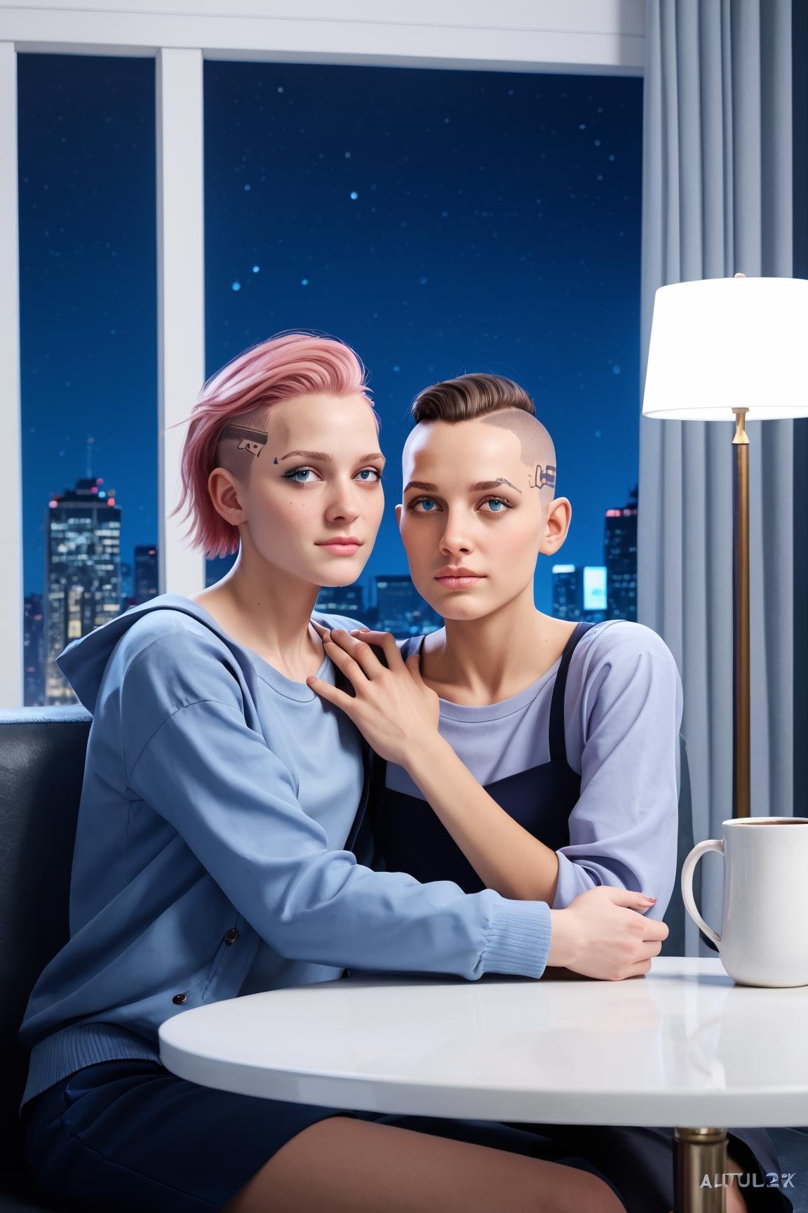 zPDXL2, zPDXLpg, zPDXLrl, 2girls, beautiful, shaved head, pink hair, hugging, cyberpunk living room, sofa, chairs, coffee table, low light, dark, low key, night, cityscape in the background