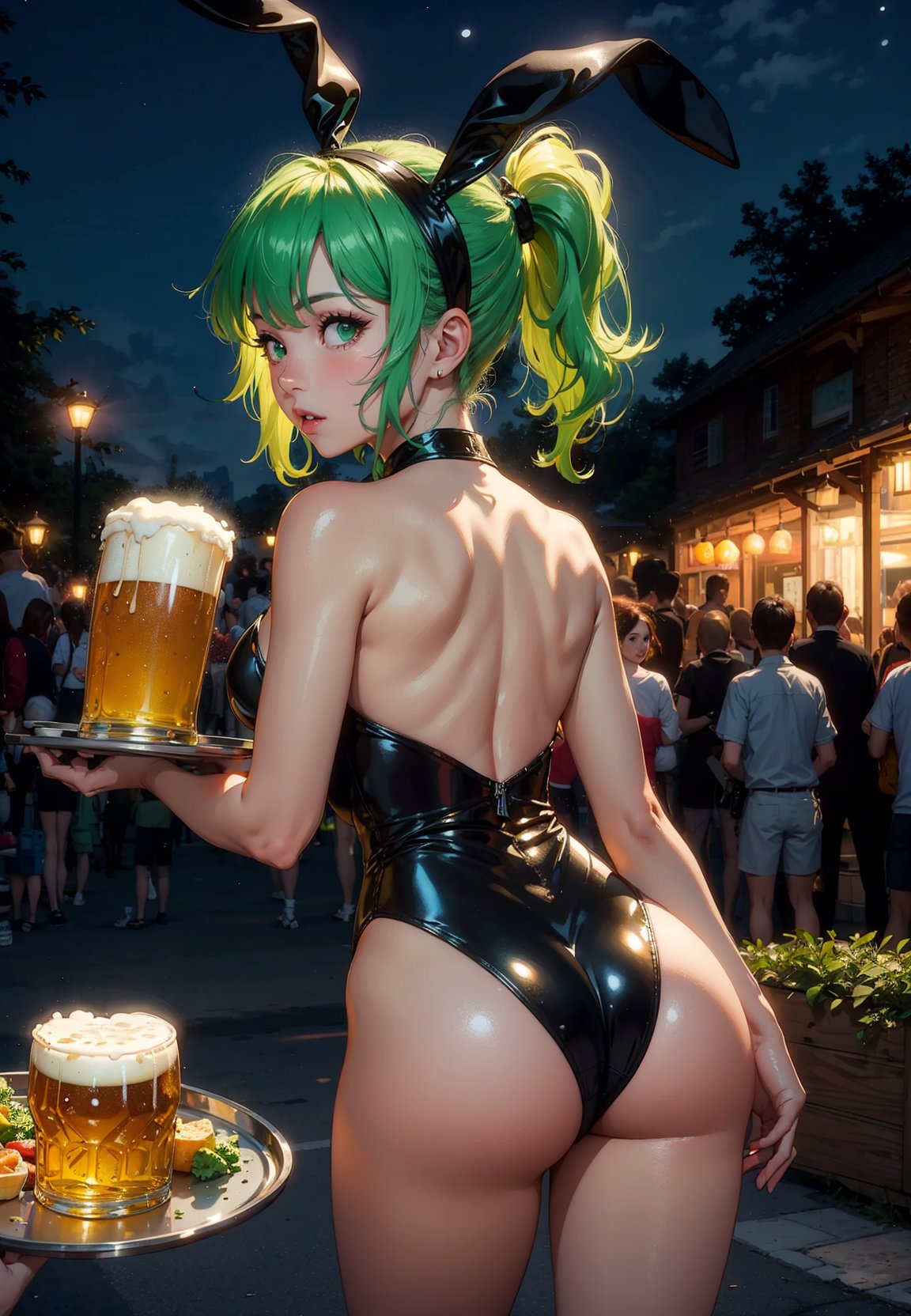 A girl in a tray carrying beer and appetizer in a beer garden, nighttime, medium breasts,playboy bunny, shiny latex leotard, bunny ears hair band, light green hair,view from behind, looking back, ass,absurd resolution, best quality, absurd detailed, summer, Crowd of people in the background,