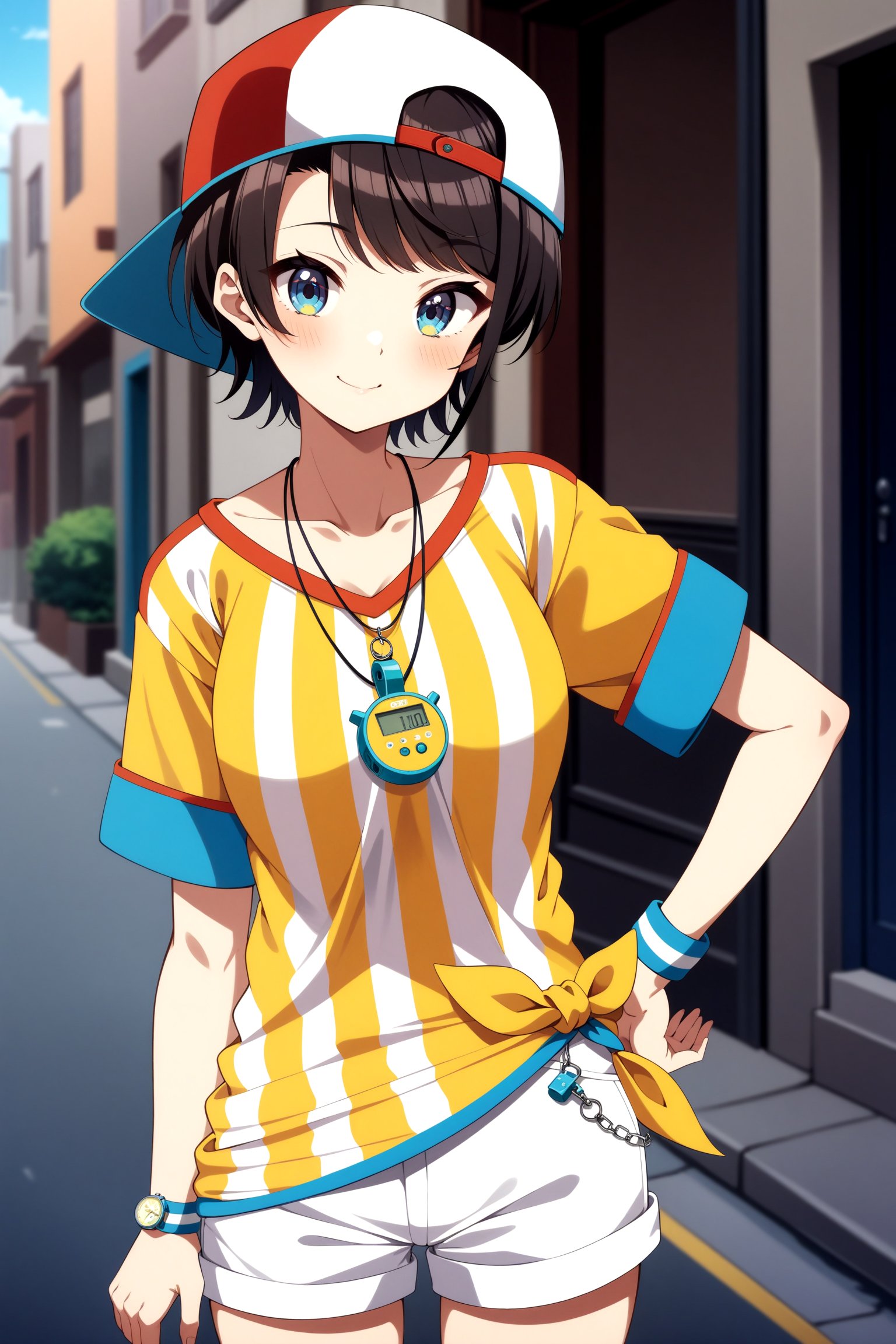 (masterpiece, best quality, very aesthetic, ultra detailed), intricate details, 4k, anime style, aasubaru, short hair, cap, backwards hat, breast, collarbone, watch, whistle around neck, vertical-striped shirt, tied shirt, short sleeves, wristband, white shorts, <lora:oozora_subaru_XL_v1:0.9>, smile, hand on hip, outdoors, street, cowboy shot