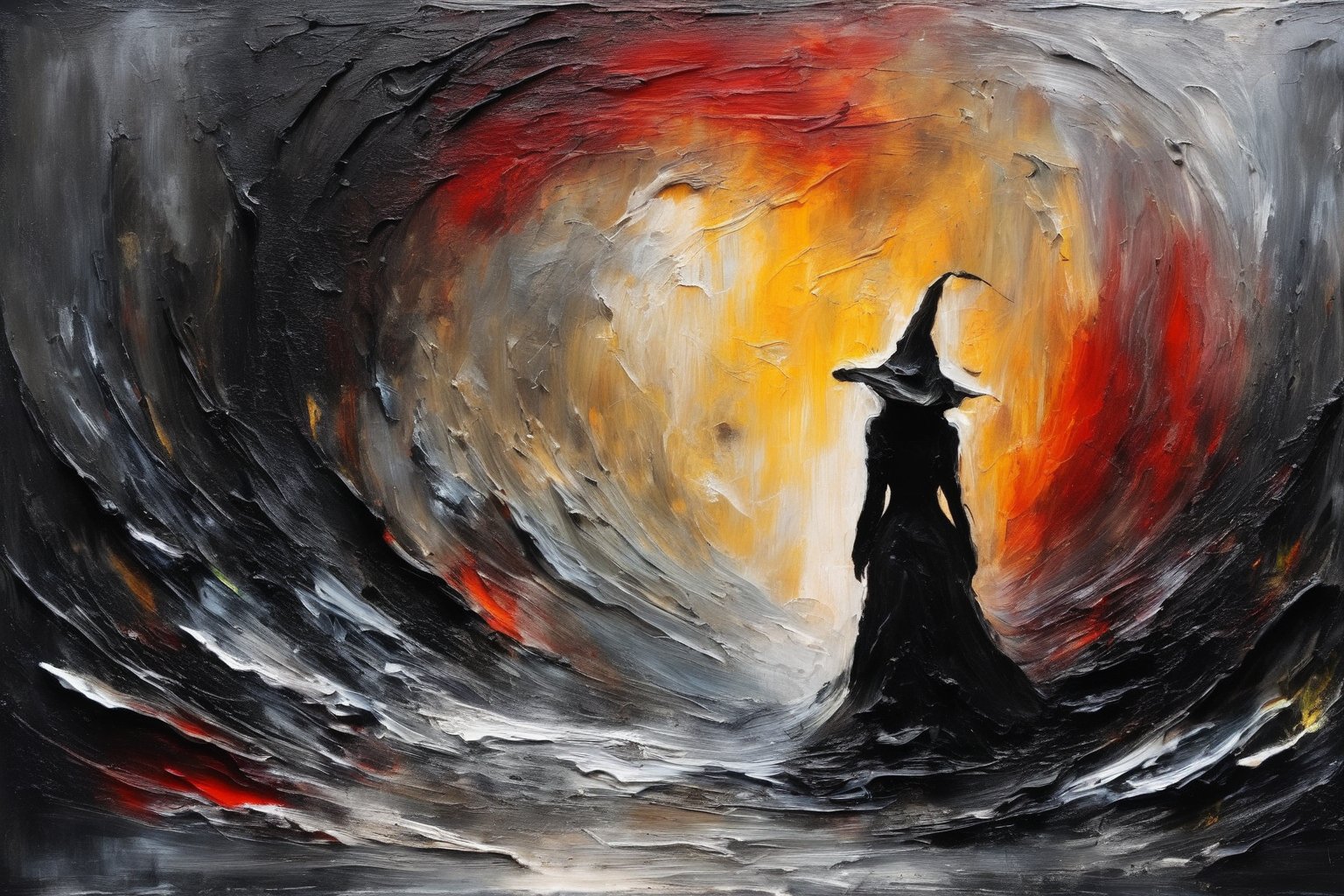 a hyper abstract painting of ((a lady made out of thick paint)), with her back to the camera, wearing a black pointy wizard hat, at the gates of hell, using very heavy brush strokes, cracking paint, very heavy pallet knife work, thick paint, dried up paint, abstract