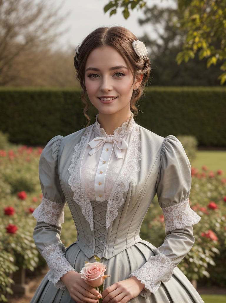 8k, masterpiece, highly detailed, high quality,1girl, wearing a gray (victorian dress), <lora:victorian_dress-SD-2.0:0.9>rose garden, holding a rose, seductive smile, bokeh, upper body