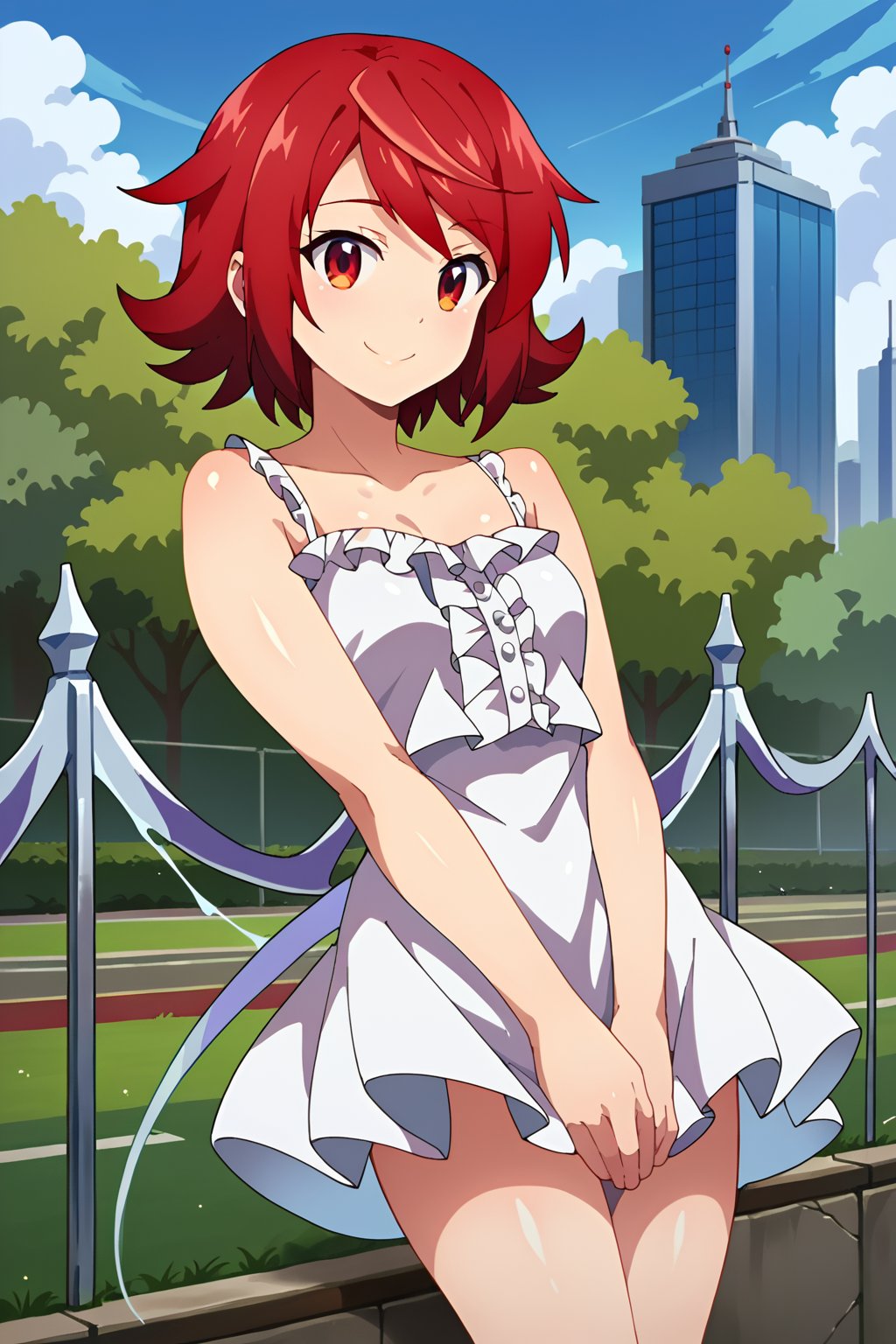 1girl, solo, lustrous skin, shiny skin, score_9, score_8_up, score_7_up, rating questionable, masterpiece, best quality, aesthetic, detailed background, (dynamic:1.3), red hair, short hair, red eyes, short dress, white dress, smile, outdoors, sleeveless, camisole dress, city, park, fence, frills<lora:EMS-405421-EMS:0.800000>