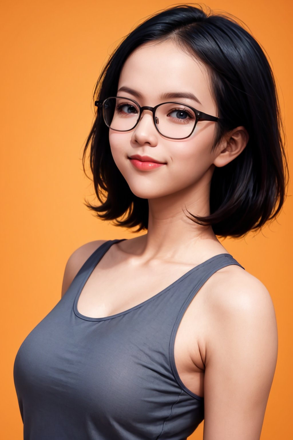 cute woman, bob hair, glasses, upper body, light smile, cute makeup, (orange camisole), orange background, (oily skin:1.2)<lora:EMS-397553-EMS:0.800000>