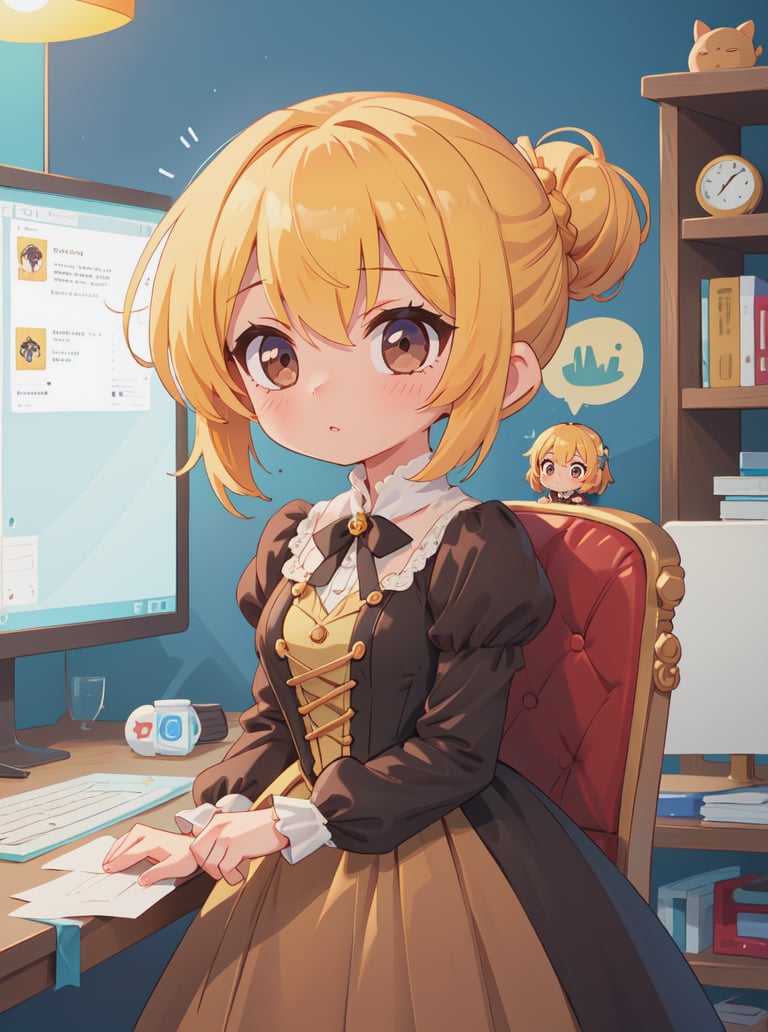 8k, masterpiece, highly detailed, high quality,1girl, wearing a brown (victorian dress), <lora:victorian_dress-SD-2.0:1> chibi, thinking, updo, blonde hair, computer, confused