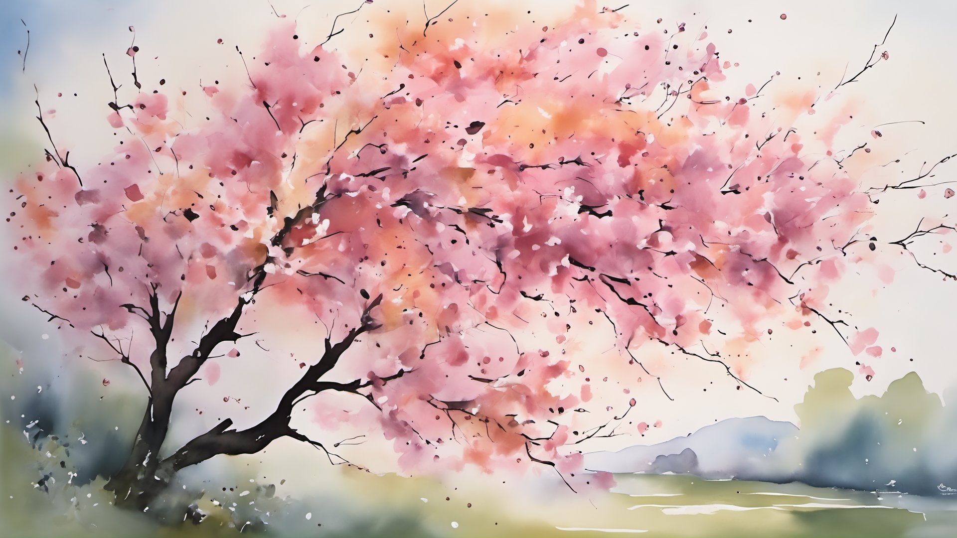 In this watercolor masterpiece, the canvas bursts to life with the ethereal beauty of cherry blossoms in full bloom. Delicate pastel tones dominate, evoking a sense of softness and tranquility. Each petal is meticulously rendered, its hues ranging from creamy whites to blush pinks and gentle lavenders, creating a mesmerizing symphony of color. The wide-angle composition captures the sprawling canopy of blossoms, with petals delicately drifting on the breeze like confetti, imbuing the scene with a sense of fleeting joy. Against a backdrop of subtle gradients, the sakura branches twist and intertwine, forming a captivating tableau of nature's splendor. This artwork celebrates the ephemeral elegance of springtime's most cherished spectacle.,ink<lora:EMS-335737-EMS:-0.500000>, <lora:EMS-338216-EMS:-0.500000>