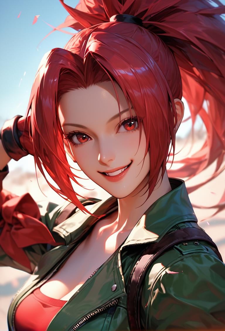 score_9, score_8_up, score_7_up, Ash Crimson from the "King of Fighters" steps onto the battlefield, his green jacket draped elegantly over his shoulders. His slender frame and deliberate, slow gestures draw all eyes to him, his mysterious smile hinting at hidden depths.