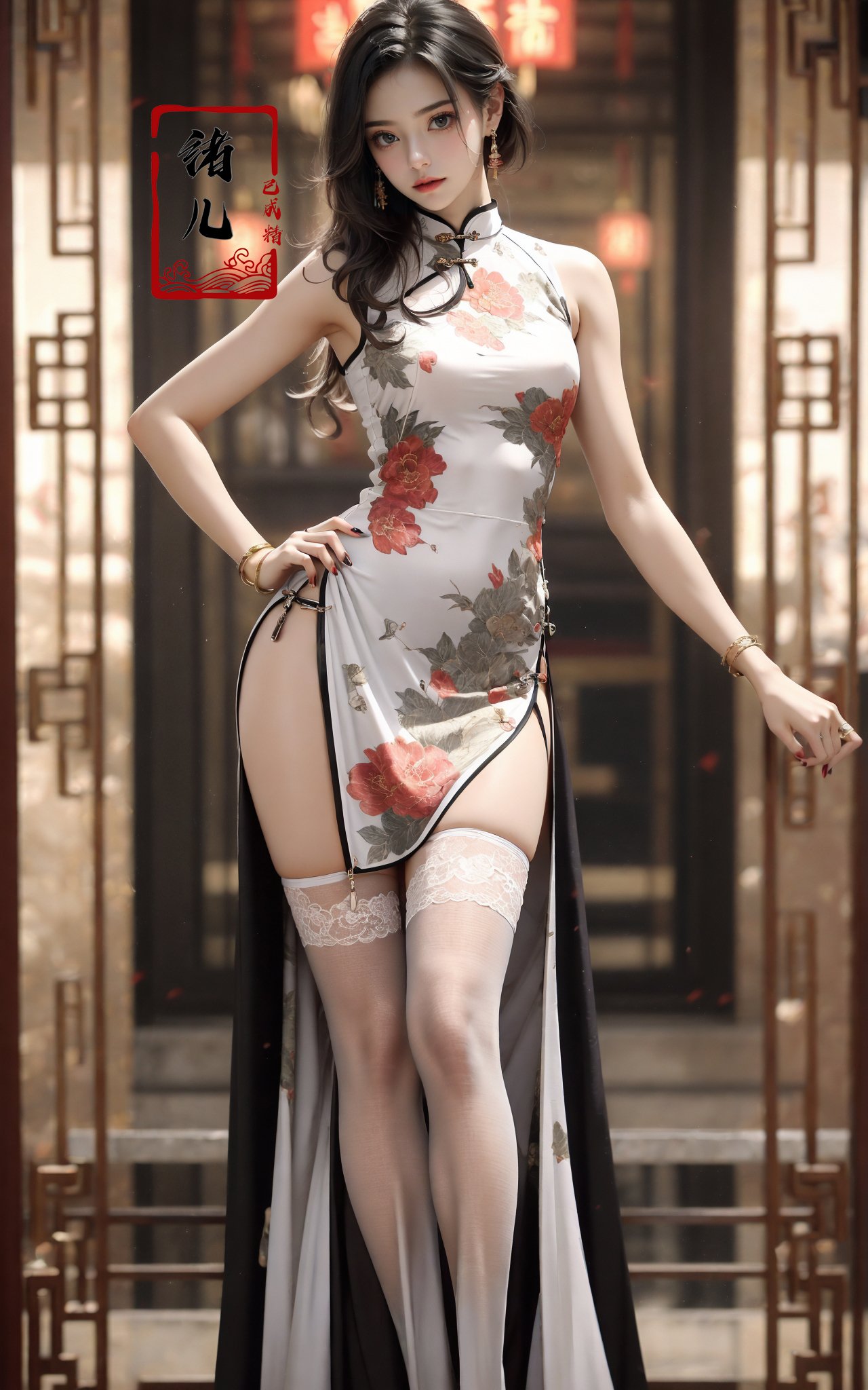 Black background,Fashion cheongsam，nail polish，lace trim，gradient，contrapposto，Red long dress，lace，red lips， (full body:0.8), white thighhighs,<lora:Fashion cheongsam_20231207093219:0.7>
