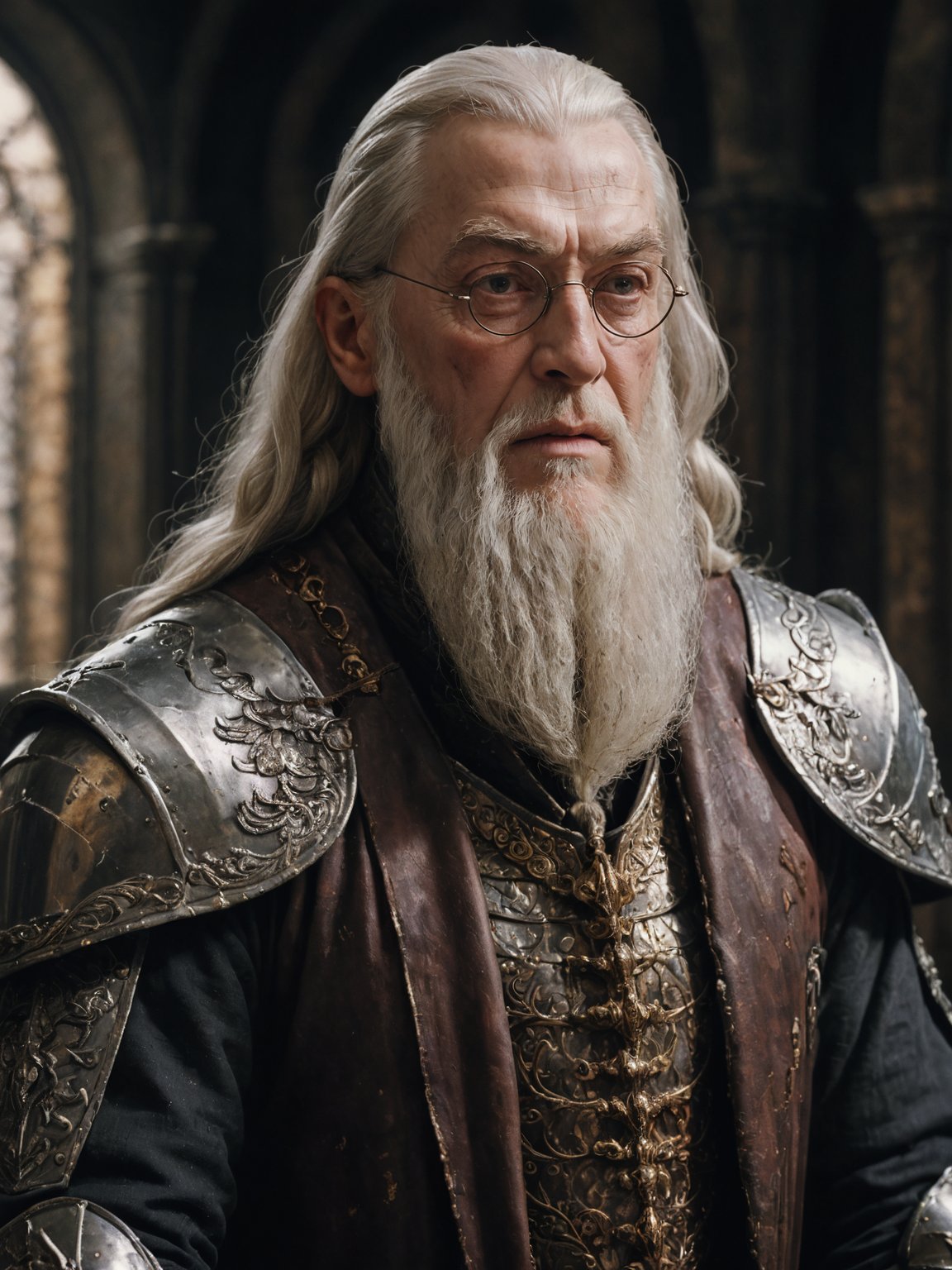 albus dumbledore weaaring a heavy fantasy armour, solo, no helmet, wearing glasses, digital painting, pale skin,highly detailed face, white hair, long beard, 1950s,dark background,warm colors, RAW candid cinema,16mm,color graded portra 400 film,remarkable color,ultra realistic, captured on a (Nikon D850) <lora:harry_potter_v1:1>