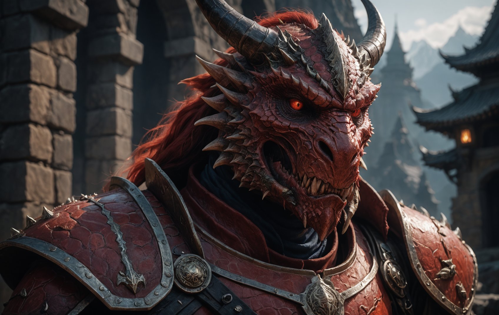 cinematic film still, close up, photo of a red Dragonborn, in the style of hyper-realistic d&d, full plate,  sony fe 12-24mm f/2.8 gm, close up, 32k uhd, light navy and light amber, kushan empire, amazing quality, wallpaper, analog film grain <lora:aesthetic_anime_v1s:0.5> <lora:add-detail-xl:1.1>