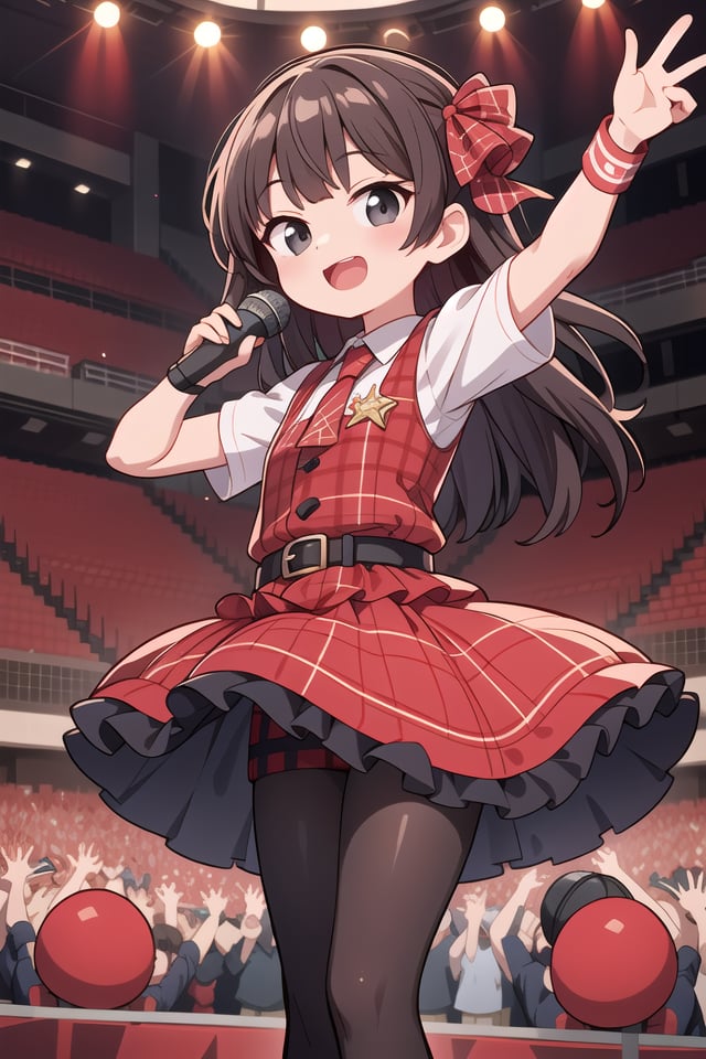 insanely detailed, absurdres, ultra-highres, ultra-detailed, best quality,1girl, solo, nice hands, perfect handsBREAK(Enchant:1.4), (red theme:1.5), ((red plaid pattern, tone on tone):1.4), (idol uniform:1.2), (fusion of sleeveless (red plaid pattern) vest and red sundress:1.4), (red tie:1.4), ((red plaid pattern) multi-layered skirt with ruffles:1.3), ((red:1.3) platform HIGH boots:1.1), (red plaid pattern ribbon on head:1.3)BREAK(short sleeve white collared-shirt dress layering:1.2), (black pantyhose:1.2), (belt:1.3), (wristband:1.3), (naked skin:-1), (black vest:-1), (white vest:-1), (black skirt:-1), (white skirt:-1), (cleavage:-1.5)BREAKhappy smile, laugh, open mouth, (standing, singing, dancing, holding microphone:1.4),45 angle,seductive pose, cowboy shotBREAKslender, kawaii, perfect symmetrical face, ultra cute girl, ultra cute face, ultra detailed eyes, ultra detailed hair, ultra cute, ultra beautifulBREAKindoors, concert hall, idol live, crowded audienceBREAKmedium large breasts,(black hair, black eyes), hime cut