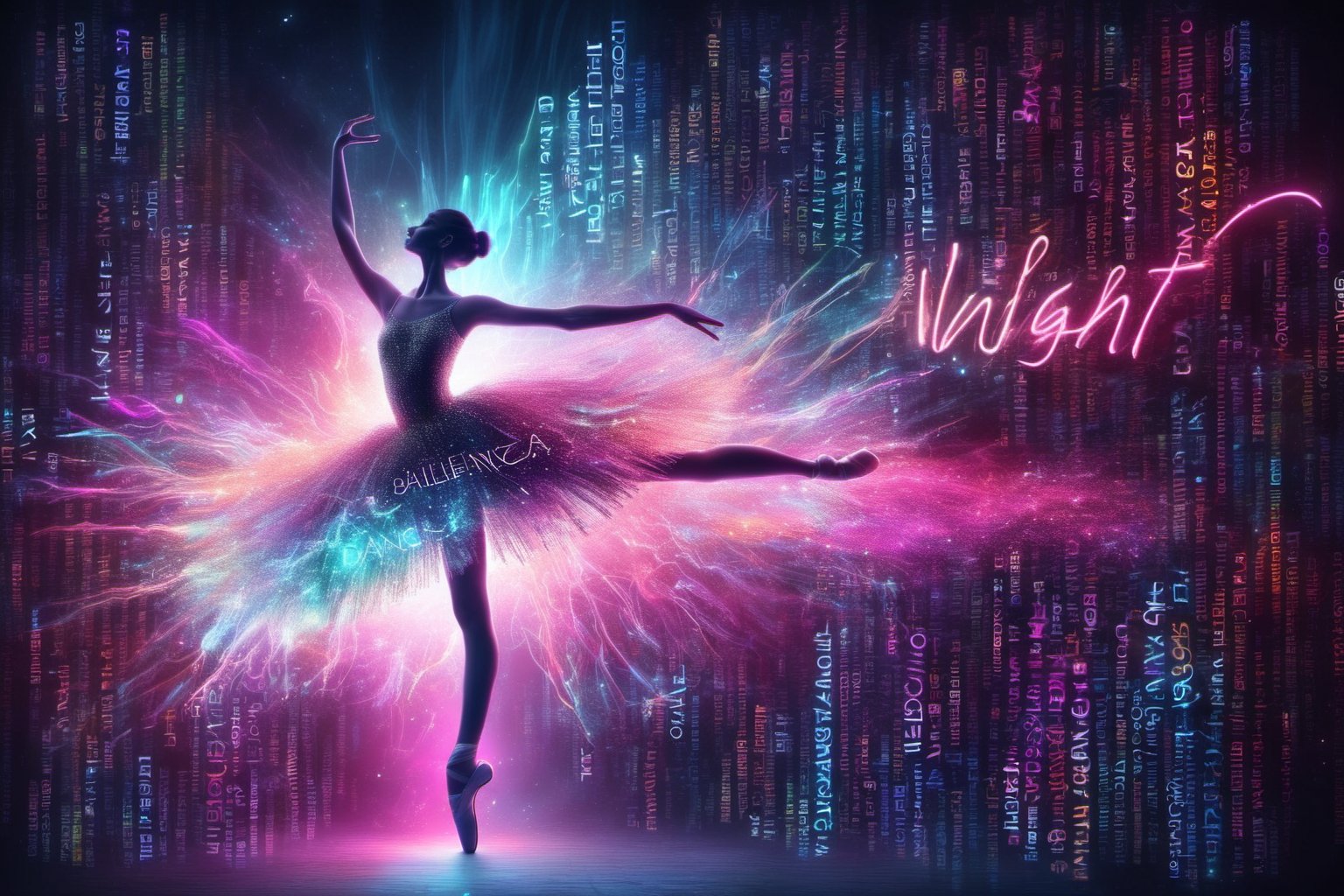 a hyper abstract view of a ballerina dancing the many words neon  night way, much neon color words text cloud, the cloud is exposing into the text ballerina and dance