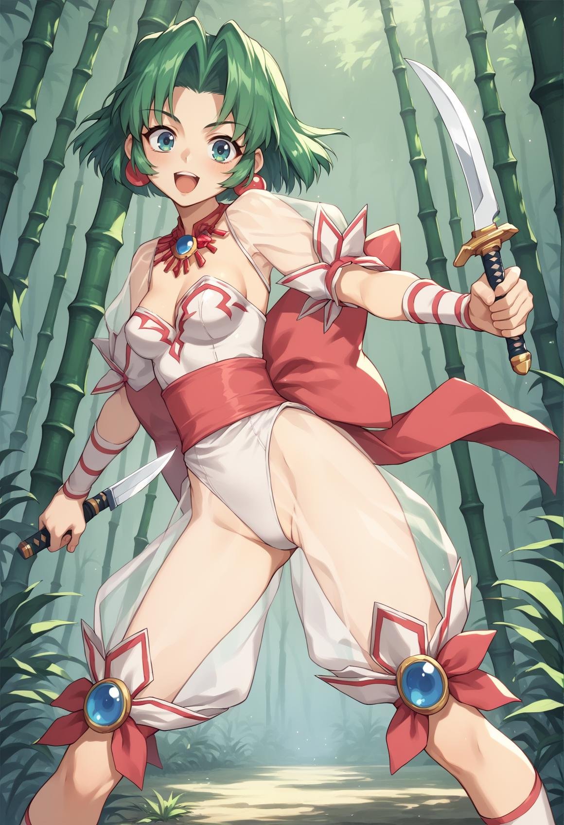 1girl, green hair, short hair, green eyes, earrings, jewelry, leotard, ribbon, puffy sleeves, see-through sleeves, wrist cuffs, ankle cuffs, pants, see-through pants, holding weapon, knife, reverse grip, outdoors, bamboo forest,   <lora:Ellis_Toshiden_Battle_Arena:1>, score_9, score_8_up, score_7_up, score_6_up, score_5_up, score_4_up, BREAK source_anime, masterpiece