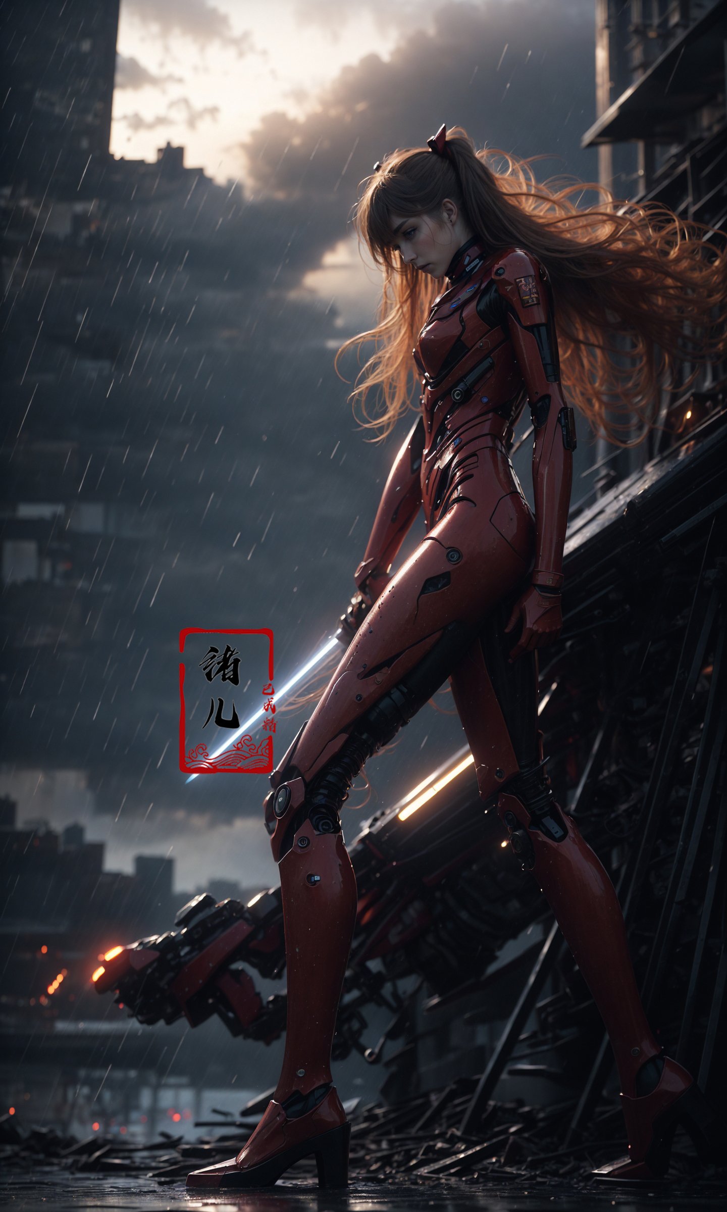 Epic CG masterpiece, Asuka Langley Soryu,hdr,dtm, full ha,8K, ultra detailed graphic tension, dynamic poses, stunning colors, 3D rendering, surrealism, cinematic lighting effects, realism, 00 renderer, super realistic, full - body photos, super vista, super wide Angle, HDmecha,battle, glowing, night,  science_fiction, signat,(Armor rusted:1.2)，(At night:1.1),(white hair:1.1)，(Optical wing deployment:1.5),(Light pollution, laser sword in hand:1.2) (Slim body, long legs:1.1)，mecha musume, flying, floating, skinny, thrusters, heavy weapon, cannon,Realistic light, high-precision shadows,ray tracing,8k,3d,Realistic style,Attack action, dynamic perspective,Very detailed detail, very nice texture,white,Collapsed house,(more drone:1.1),Floating cannon,(War damage:1.1), mechanical arms, headgear,full body,Realistic skin, realistic light and shadow, Exposed collarbone, exposed shoulders，{an extremely delicate and beautiful girl}，(Combat posture:1.3),(ruins battlefield:1.5),light,3d,Unreal 5，(Mechanical parts emit light:1.3)，(light pollution:1.3)，sweat，(long legs:1.3),( very long hair:1.3),(Damaged clothes:1.3)，tear,(injured:1.2),(There is a halo behind:1.1),Lens Halo(Severe smog:1.1), (It's raining:1.3),Facing the audience,(Raising the weapon in hand:1.1),(messy hair:1.2), (Is attacking the audience with a weapon in hand:1.1), ( wet hair:1.4)，(light anger:1.1), (More halos:1.5), (evil smile:1.1), (red ribbon),(Blood on face:0.8),<lora:绪儿-明日香Asuka Langley Soryu:0.8>