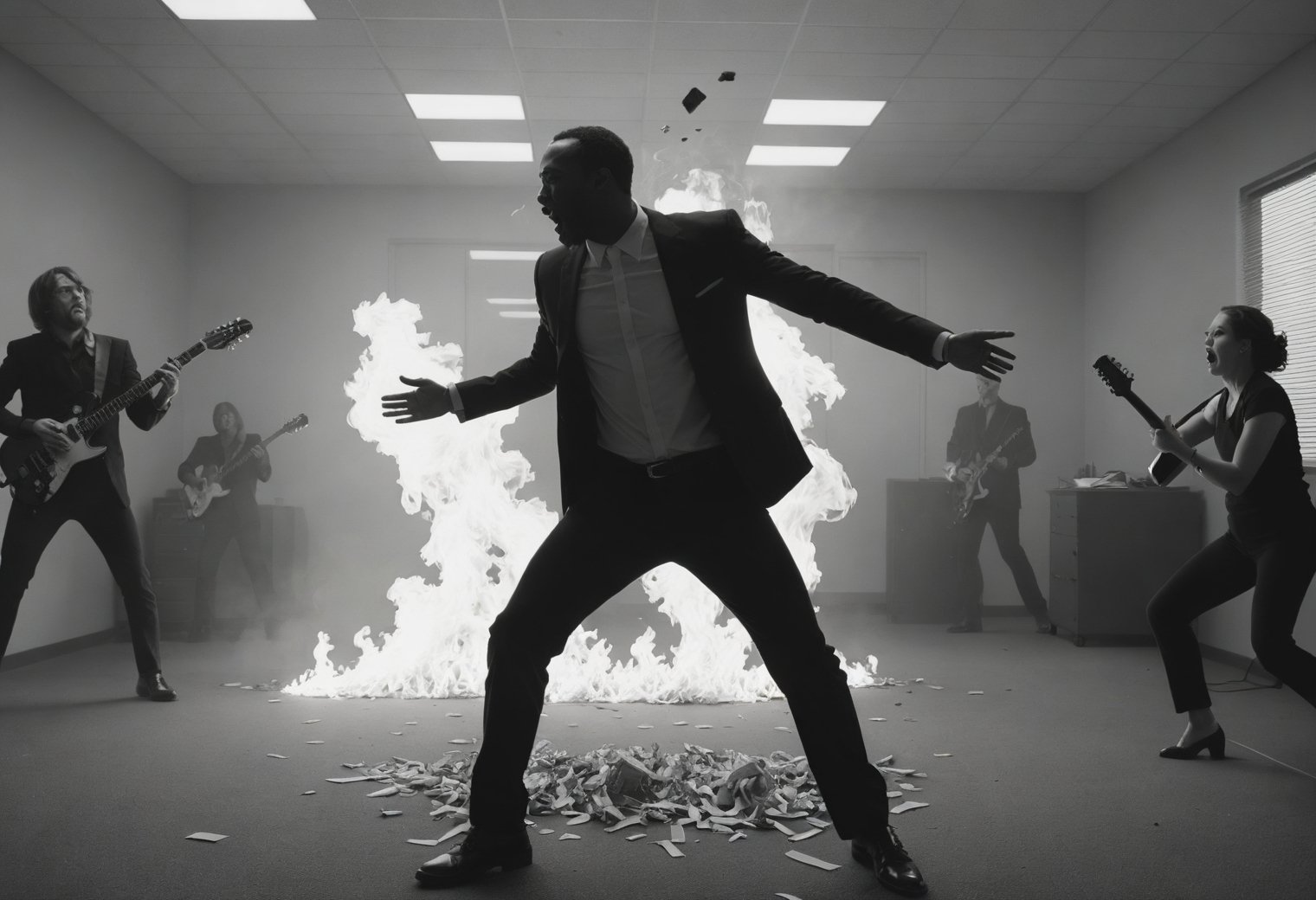 single shot of A mosh pit in an office space, metal band playing, smoke and flames, papers flying, , directed by Lee Daniels High-contrast, digital, black and white, sharp focus, deep blacks, brilliant whites, modern, digital B&W