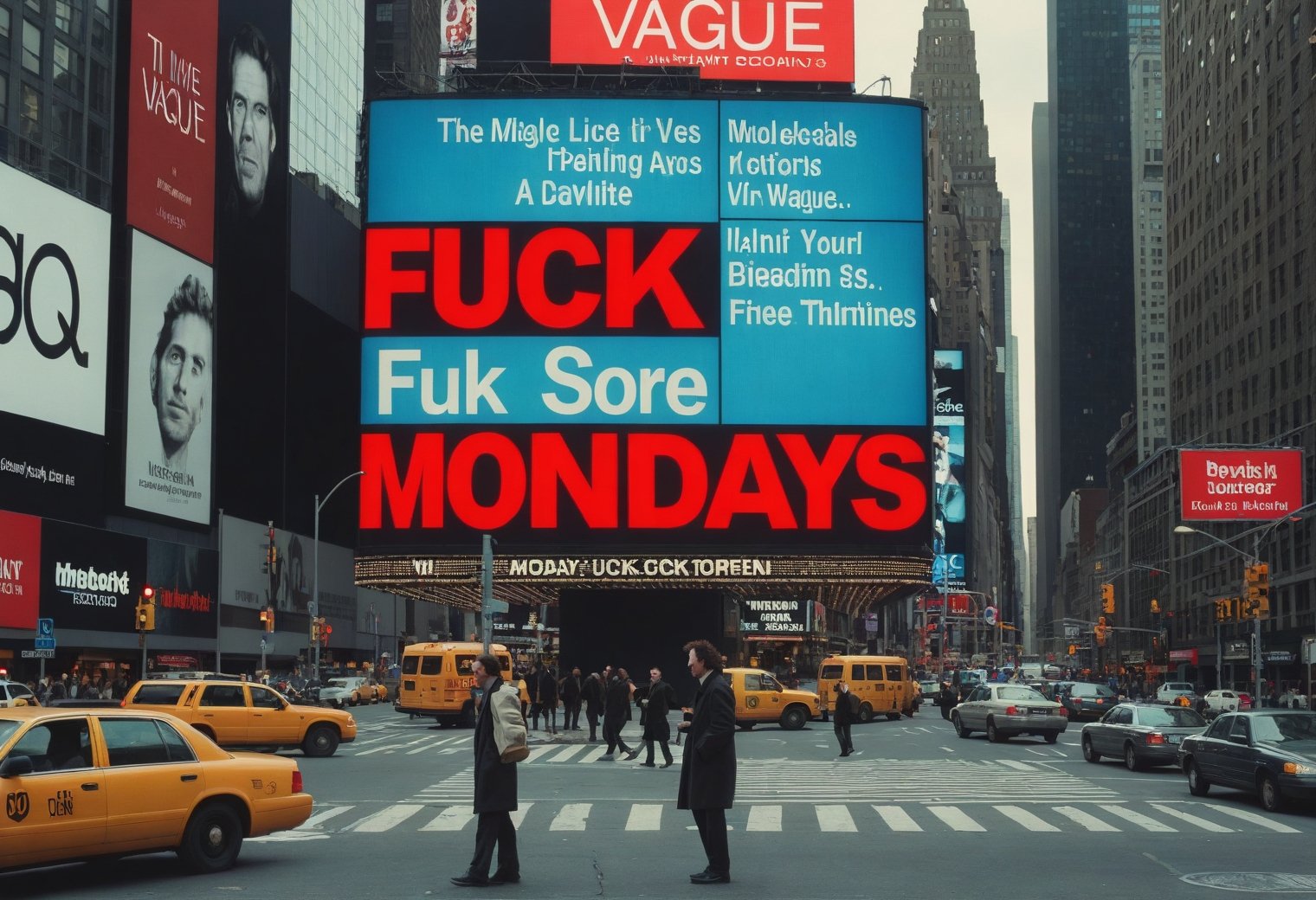 landscape of "FUCK MONDAYS", time square billboard sign, directed by Joel Coen Jump cuts, on-location shooting, natural lighting, existential themes, free-form style, improvised dialogue, breathless pacing, nouvelle vague, Godard-esque, Truffaut touches, handheld realism, philosophical
