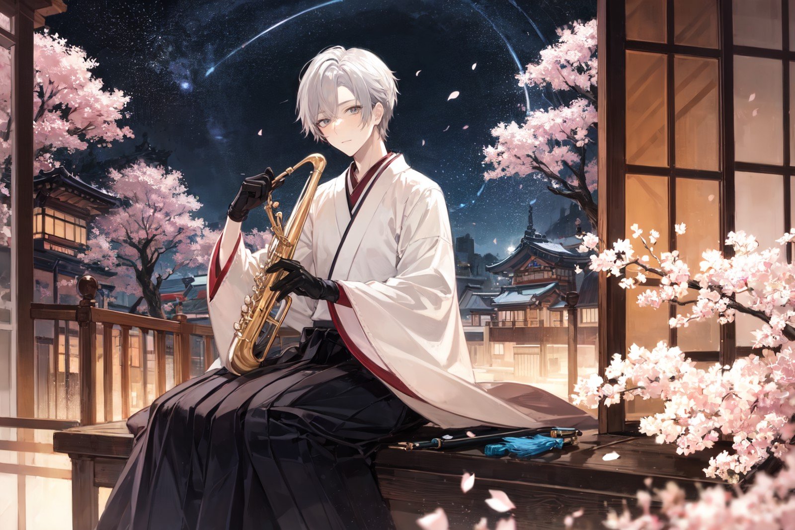 masterpiece, best quality, extremely detailed, detailed background, detailed face, 1boy, male focus, solo, instrument, short hair, japanese clothes, east asian architecture, holding, night, cherry blossoms, looking at viewer, architecture, gloves, flute, outdoors, holding instrument, sky, hakama, grey hair, wide sleeves, night sky, petals, skirt, black hakama, kimono, black gloves, flower, long sleeves, grey eyes, playing instrument, building