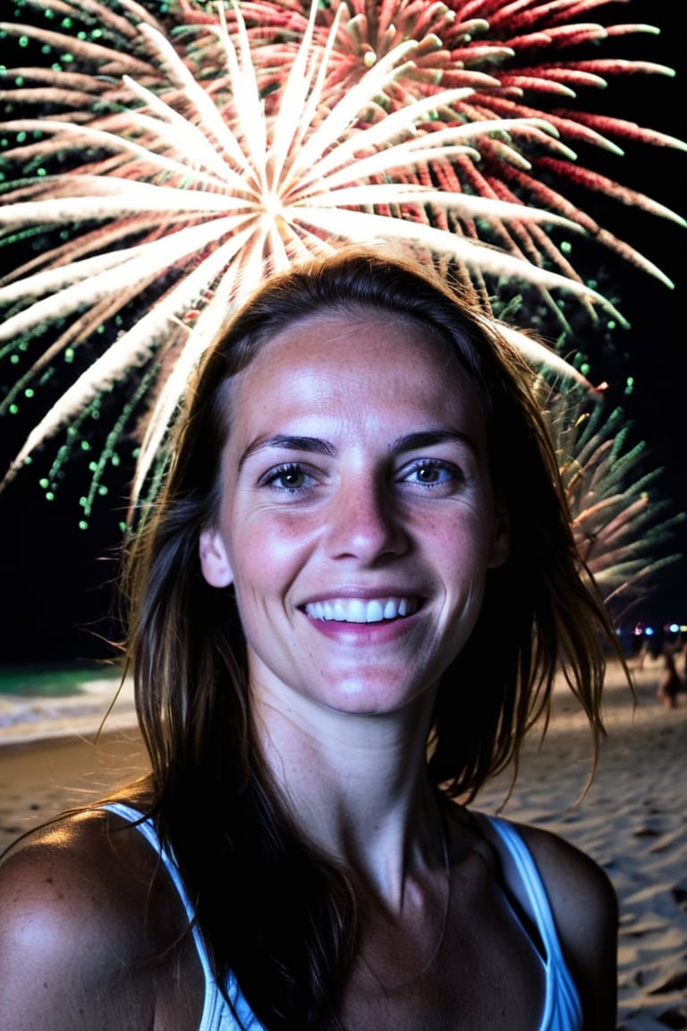 woman close up portrait, HAPPY New year celebration so HAPPY faces everyone all white at the beach coloreio FireWorks bolsinhas up at midnight’s black skies <lora:rebbackp:1>