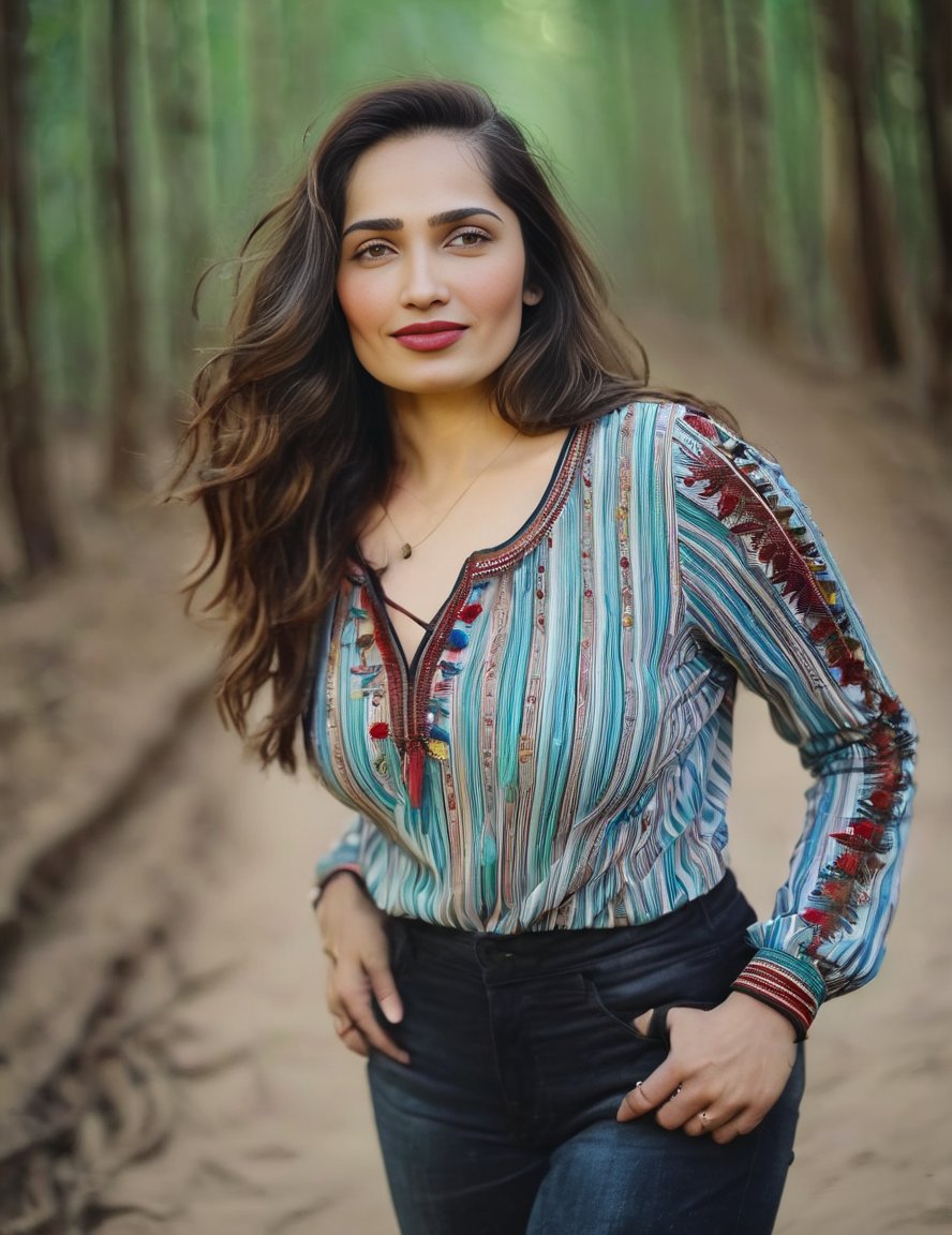 AditiMistry,<lora:AditiMistrySDXL:1>cinematic photo happy woman, long layered haircut, brunette hair, long sleeve blouse with embroidered stripes, standing on an old dirt road leading into a forest . 35mm photograph, film, bokeh, professional, 4k, highly detailed