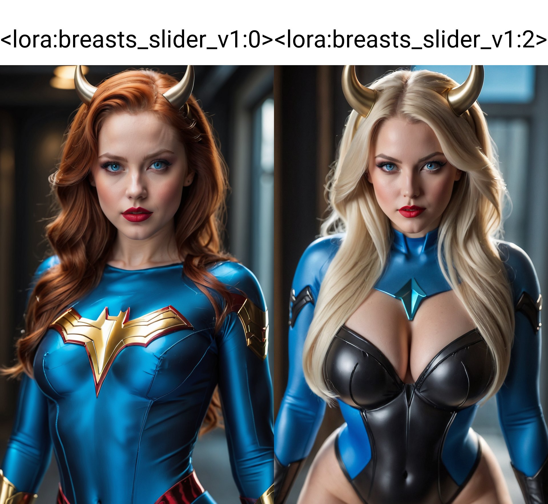 (best quality, 4k, 8k, highres, masterpiece:1.2), ultra-detailed, (realistic, photorealistic, photo-realistic:1.37), 1girl,solo,looking at viewer,blue eyes,upper body,horns,lips,bodysuit,makeup,realistic,superhero<lora:breasts_slider_v1:0>
