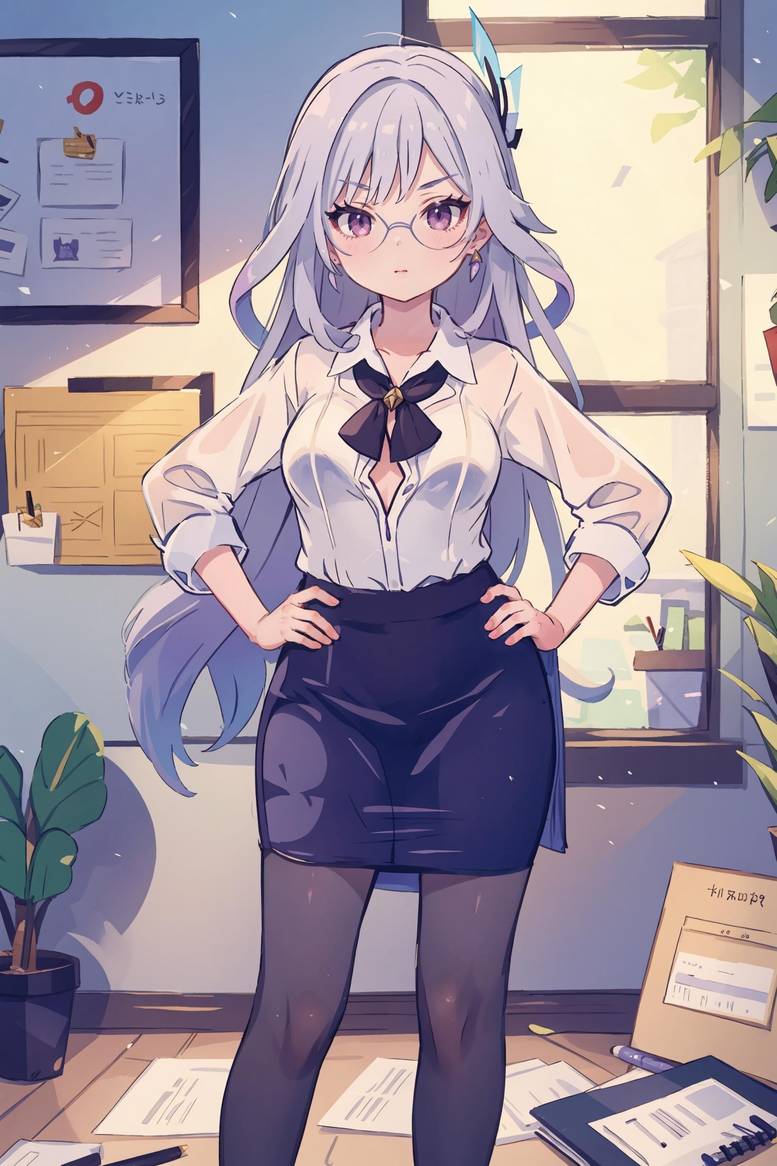 1girl, skirk \(genshin impact\), solo, office lady, white collared shirt, pencil skirt, pantyhose, glasses, glaring, looking at viewer, hand on hip, office, indoors, depth of field, masterpiece