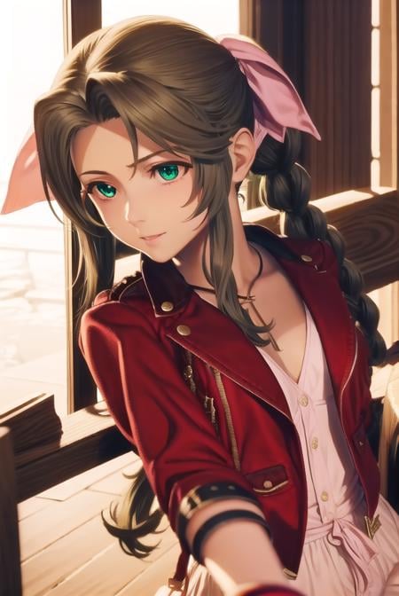 aerithgainsborough, <lora:aerith gainsborough ingame-lora-nochekaiser:1>,aerith gainsborough, long hair, brown hair, bow, ribbon, (green eyes:1.3), hair ribbon, pink bow, braid, braided ponytail, single braid, smile,BREAK dress, jewelry, jacket, bracelet, red jacket, cropped jacket, white dress,BREAK outdoors,BREAK looking at viewer, dynamic pose,BREAK <lyco:GoodHands-beta2:1>, (masterpiece:1.2), best quality, high resolution, unity 8k wallpaper, (illustration:0.8), (beautiful detailed eyes:1.6), extremely detailed face, perfect lighting, extremely detailed CG, (perfect hands, perfect anatomy),