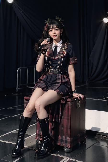 realistic, photorealistic, masterpiece, incredibly absurdres, extremely detailed, best quality, idol_costume, knee boots, 1girl, solo, idol, full body, long black hair, twintails, sitting, stage in the backgorund, stage lighting, stage spotlight, detailed background, audience, holding microphone, singing, <lora:idol_costume_style5_v1:0.7>
