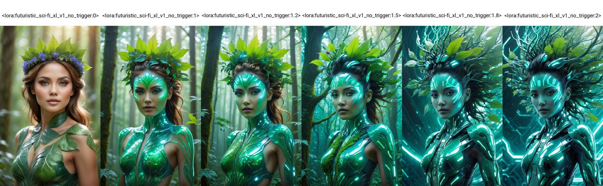(best quality, 4k, 8k, highres, masterpiece:1.2), ultra-detailed, (realistic, photorealistic, photo-realistic:1.37), nature goddess, leaf body, portrait, greenery, wildflowers, breathtaking eyes, serene expression, graceful pose, ethereal beauty, luminous skin, flowing hair, elegant crown of leaves, soft natural light, vibrant colors, mythical essence, surreal atmosphere, dreamlike aura, harmonious connection with nature, enchanted forest.<lora:futuristic_sci-fi_xl_v1_no_trigger:0>