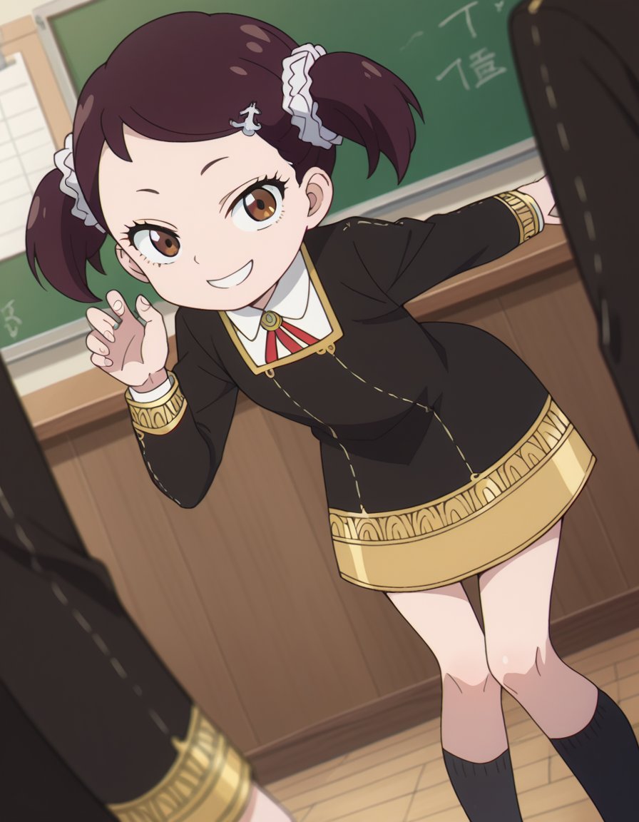 score_9, score_8_up, score_7_up, source_anime,beckyblackbell, <lora:becky-blackbell-s1-ponyxl-lora-nochekaiser:1>becky blackbell, black hair, hair ornament, twintails, hairclip, scrunchie, hair scrunchie, brown eyes,long sleeves, dress, school uniform, socks, black dress, eden academy school uniform,indoors, classroom, smile, bent over,looking at viewer, dutch angle, cowboy shot