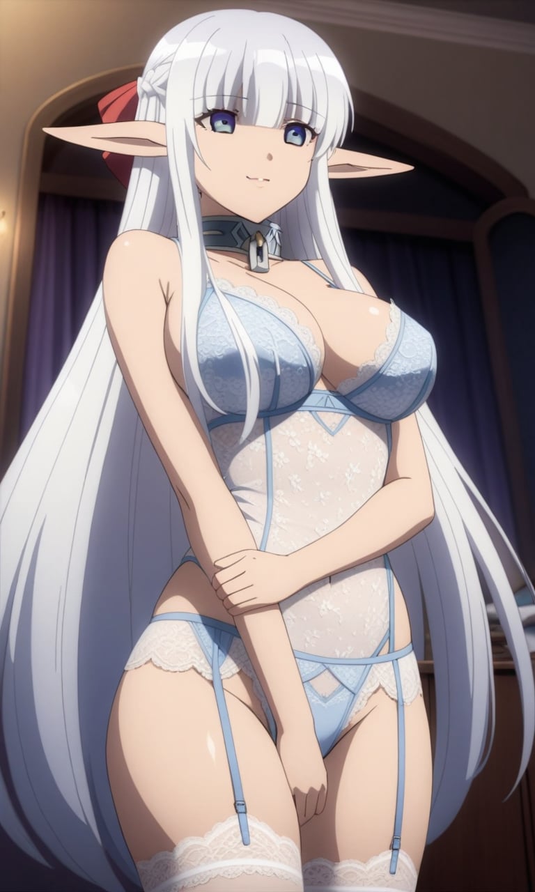 (masterpiece, best quality, very aesthetic, ultra detailed, many details), 1girl, nephiliaxl, pointy ears, blue eyes, long hair, white hair, elf, large breasts, white lingerie, lingerie, room, bed, standing, v arms, seductive smile, from below, garter straps<lora:EMS-349075-EMS:1.000000>