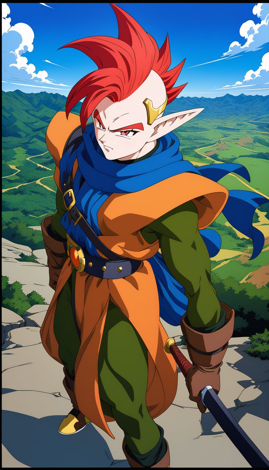 1boy, Tapion, character, Anime series Dragon Ball Z, style design Akira Toriyama, male focus, serious, frown, perfect facial features, colored skin, closed eyes, pointy ears, spiked hair, red hair, cloud, belt, tunic, full body, boots, instrument, sword, blue scarf, brown gloves, circlet, full body, standing, playing instrument, 1990s \(style\), retro artstyle, perfect lines, perfect color, perfect, hyper detailed, artstyle, official style, cartoon,Perfect proportions, Strong brightness, intricate details, vibrant colors, detailed shadows, perfect borders,PNG image format, sharp lines and borders, solid blocks of colors, over 300ppp dots per inch, (anime:1.9), 2D, High definition RAW color professional photos, photo, masterpiece, ProRAW, high contrast, digital art trending on Artstation ultra high definition detailed anime, detailed, hyper detailed, best quality, ultra high res, high resolution, detailed, sharp re, lens rich colors, ultra sharp, (sharpness, definition and photographic precision), (blur background, clean and uncluttered visual aesthetics, sense of depth and dimension, professional and polished look of the image), work of beauty and complexity. (aesthetic + beautiful + harmonic:1.5), (ultra detailed background, ultra detailed scenery, ultra detailed landscape:1.5),fidelity and precision,minute detail, clean image, exact image, polished shading, detailed shading, polychromatic tonal scale, wide tonal scale<lora:EMS-356192-EMS:0.800000>