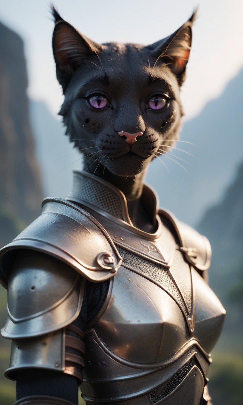 score_9, score_8_up, score_7_up, score_6_up,  (furry, khajiit, Skyrim_khajiit), detailed fur,  (black skin), purple eyes, wearing knight armor, sword, (Dtailed scaled face, highky detailed face), (portrait) , Soft light, Cinematic light, very detailed, hd, <lora:Concept Art Eclipse Style LoRA_Pony XL v6:1> <lora:Skyrim_khajiit:0.7>