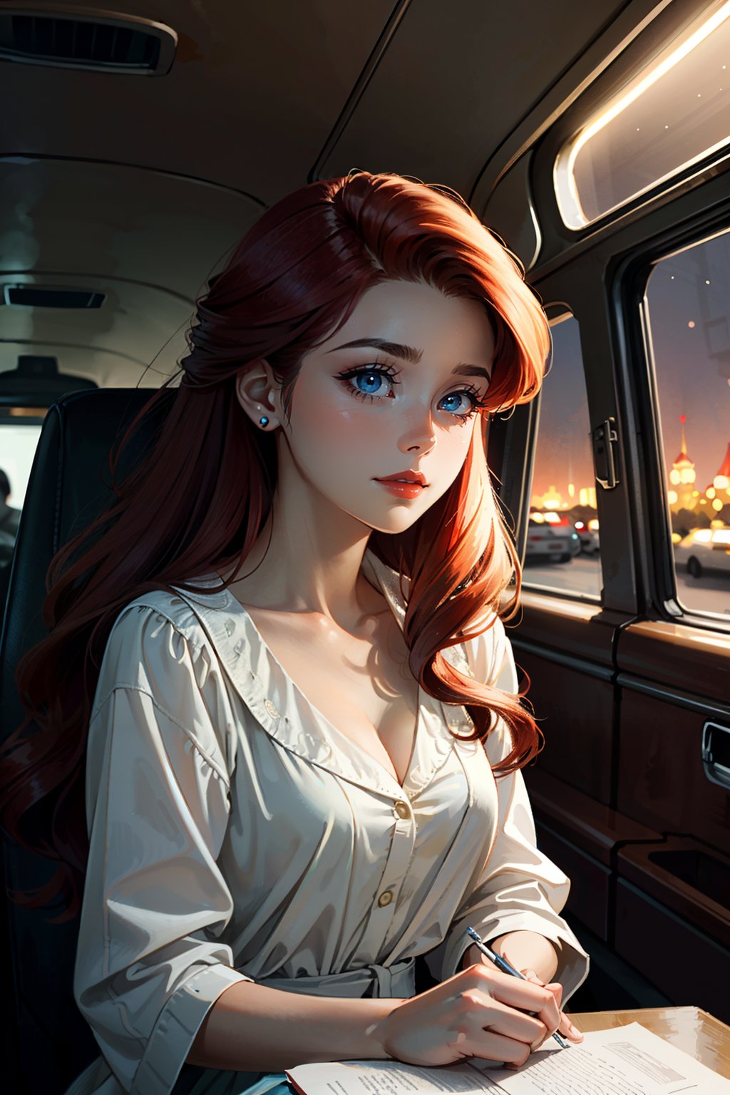 ((ultra detailed, masterpiece, best quality)) <lora:DisneyAriel:0.9>DisneyAriel, 1girl, solo, red hair, long hair, blue eyes, red lips, In a dimly lit alleyway, dramatic film noir lighting, donning a tailored suit, a mysterious glance over the shoulder with a faint half-smile