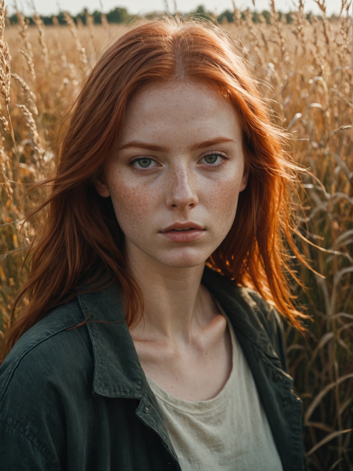 cinematic film still, close up, photo of redheaded girl near grasses, fictional landscapes, (intense sunlight:1.4), realist detail, brooding mood, ue5, detailed character expressions, light amber and red, amazing quality, wallpaper, analog film grain